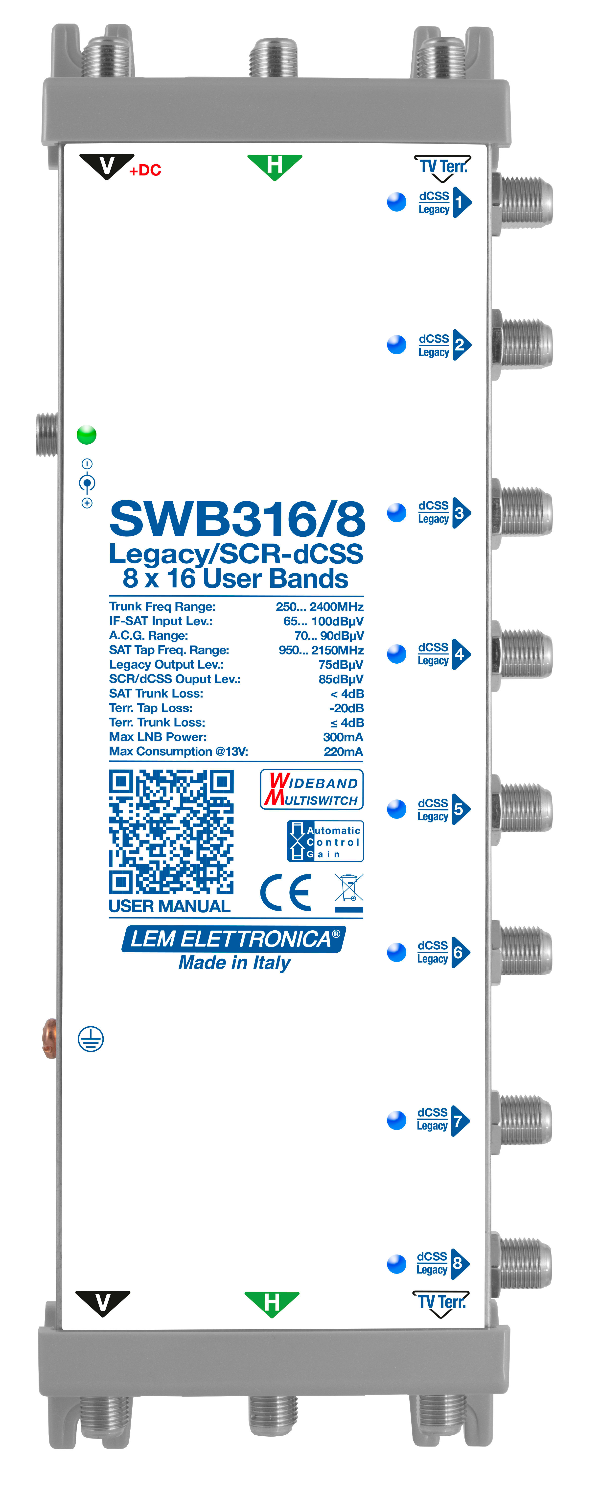 LEM ELETTRONICA - Multiswitch dCSS/Legacy SWB316/8 con 3 ingressi passanti e 8 uscite derivate, per applicazioni SKY, FM, DAB, UHF, SAT.