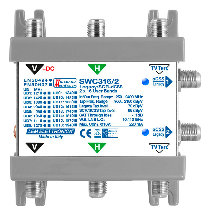 LEM ELETTRONICA - Multiswitch dCSS/Legacy SWC316/2 con 3 ingressi passanti e 2 uscite derivate, per applicazioni SKY, FM, DAB, UHF, SAT.