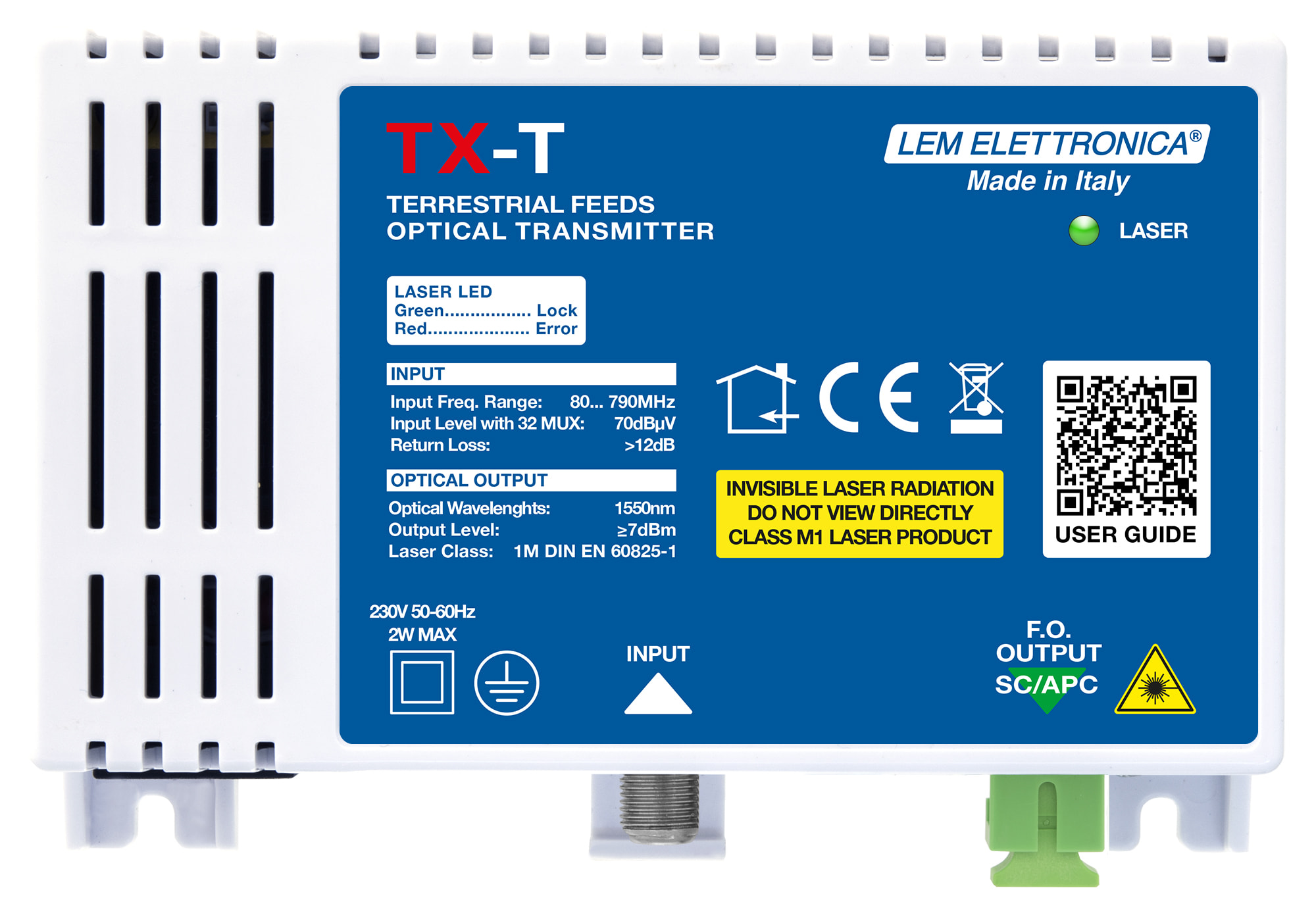 LEM ELETTRONICA - Trasmettitore ottico TX-T con 1 ingresso TV Terrestre, 1550nm, potenza di 7 dBm, per applicazioni FM, DAB, UHF.