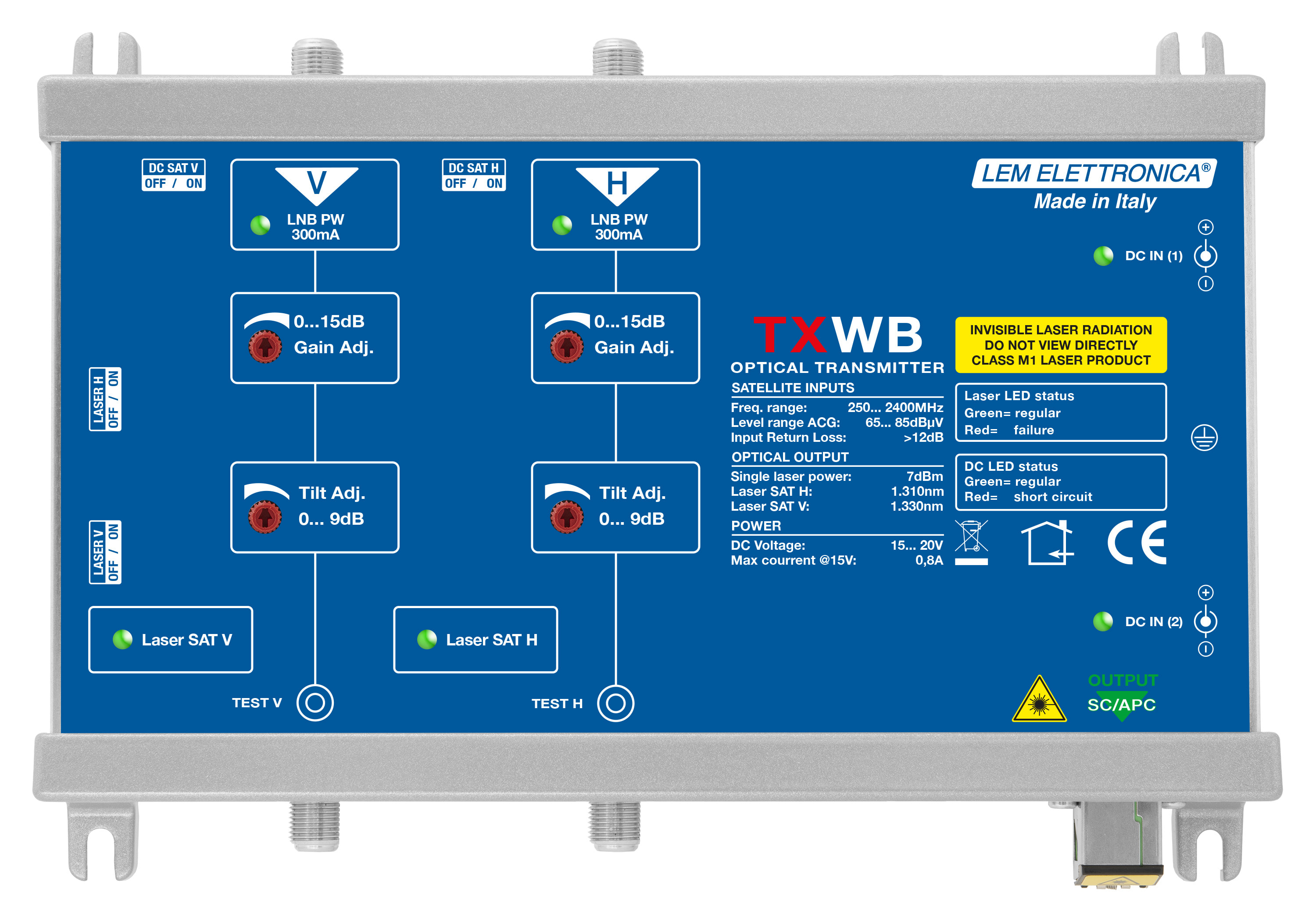 LEM ELETTRONICA - Trasmettitore ottico TXWB con 2 ingressi per polarità satellite, 1310/1330nm, potenza di 8 dBm, per applicazioni SKY, SAT.