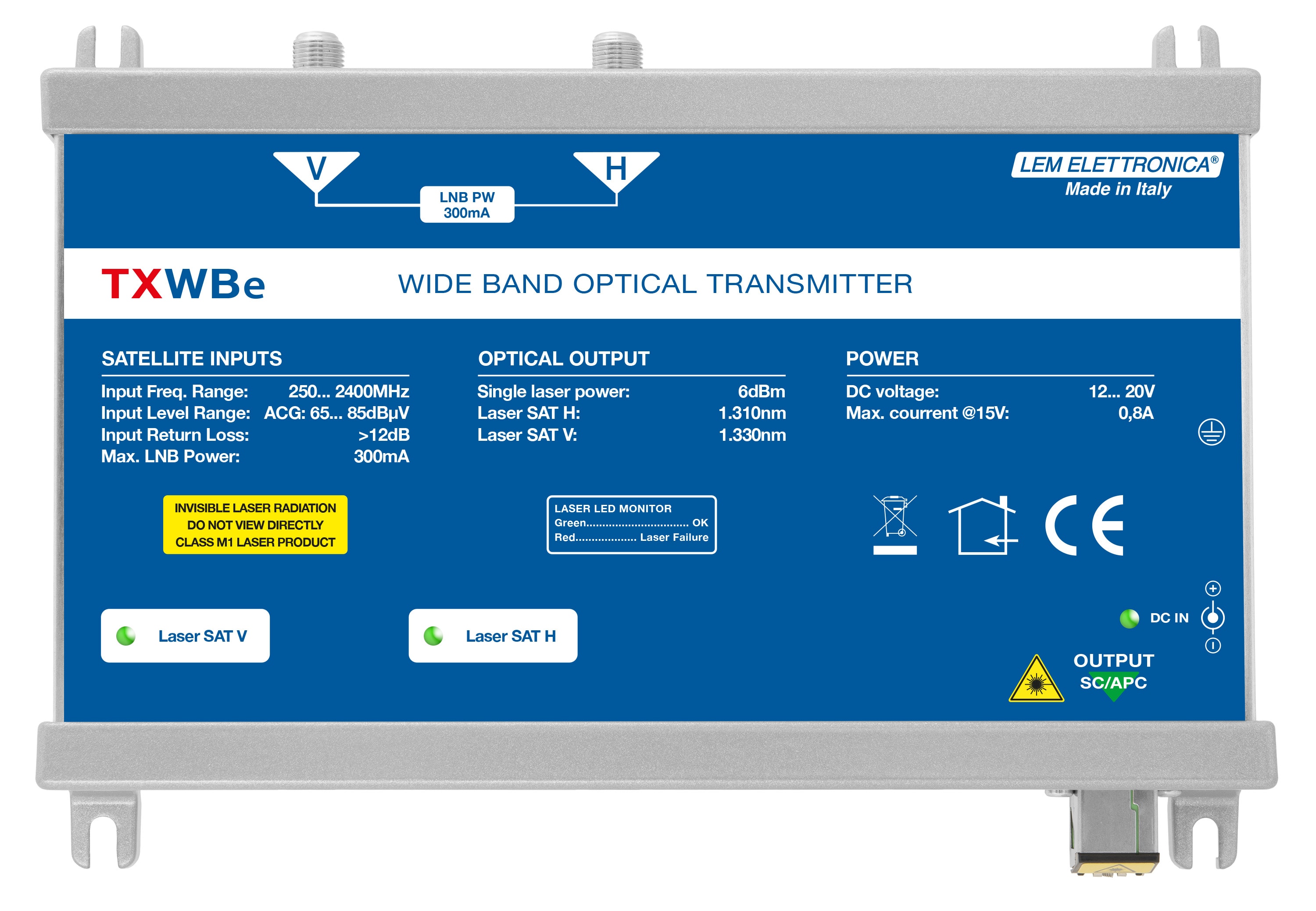 LEM ELETTRONICA - Trasmettitore ottico TXWBe con 2 ingressi per polarità satellite, 1310/1330nm, potenza di 6 dBm, per applicazioni SKY, SAT.