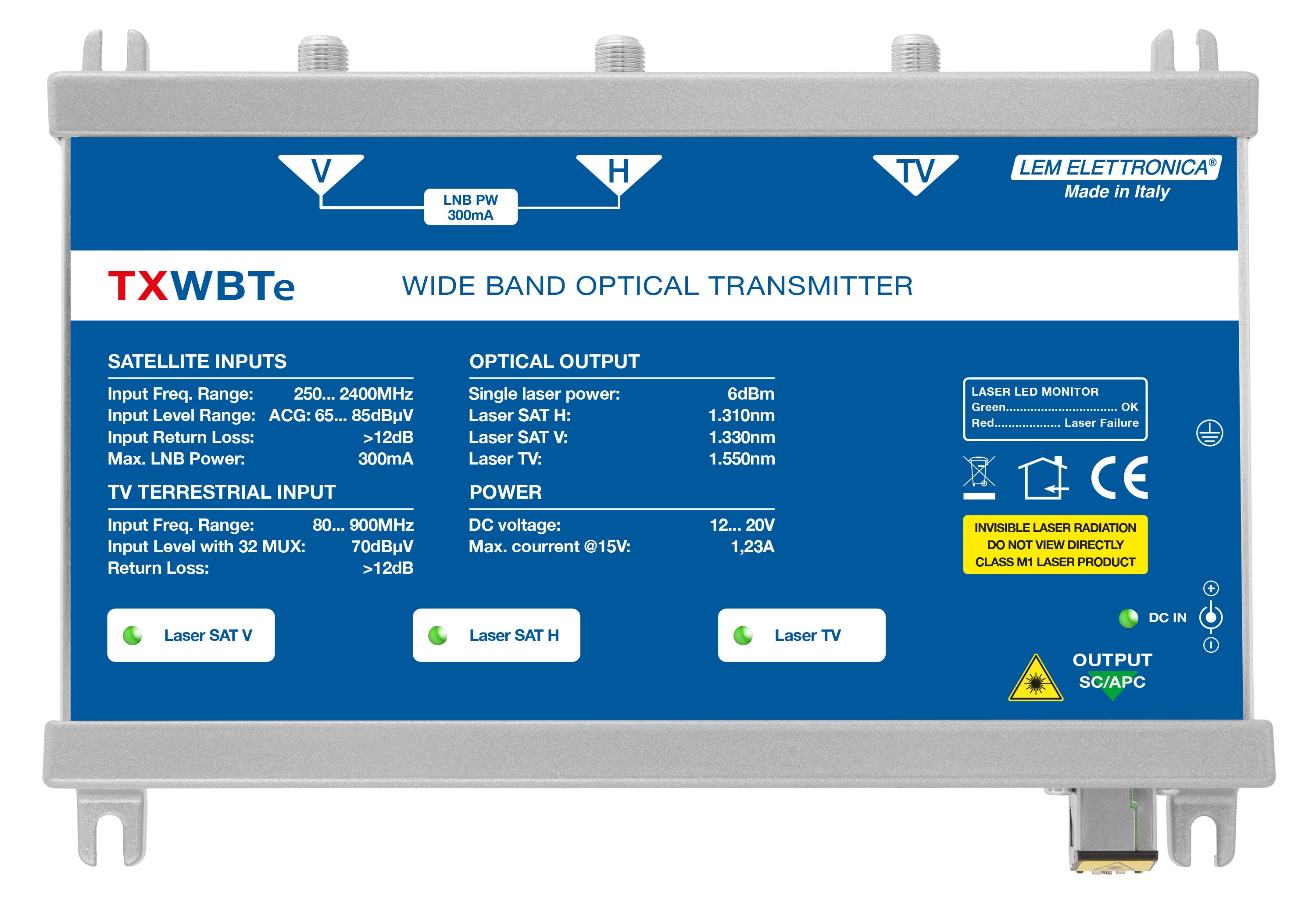 LEM ELETTRONICA - Trasmettitore ottico TXWBTe con 3 ingressi (2 per polarità satellite e 1 TV Terrestre), 1310/1330/1550nm, potenza di 6 dBm, per applicazioni SKY, FM, DAB, UHF, SAT.
