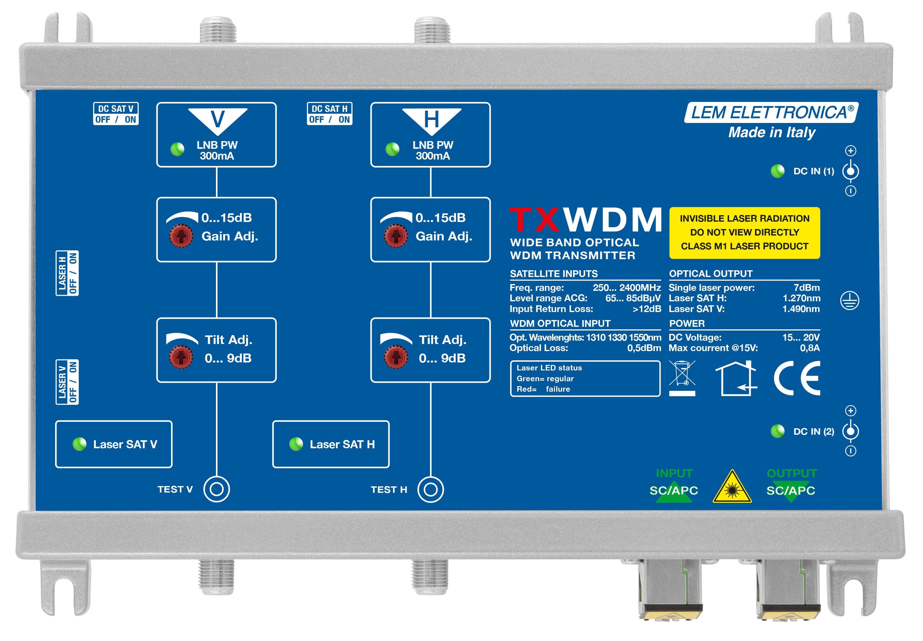 LEM ELETTRONICA - Trasmettitore ottico TXWDM con 2 ingressi per polarità satellite, ingresso CWDM integrato, 1270/1490nm, potenza di 8 dBm, per applicazioni SKY, SAT.
