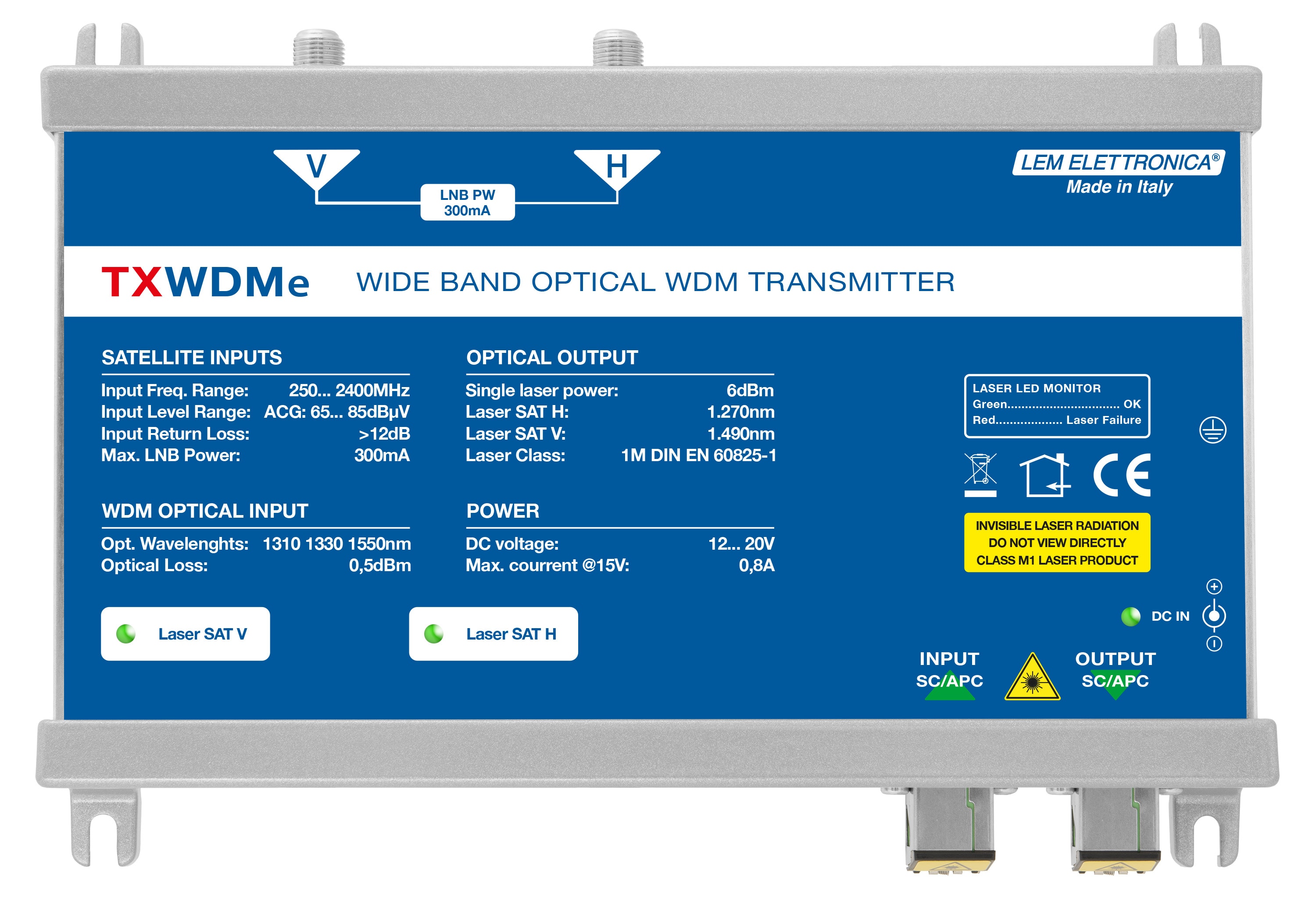 LEM ELETTRONICA - Trasmettitore ottico TXWDMe con 2 ingressi per polarità satellite, ingresso CWDM integrato, 1270/1490nm, potenza di 6 dBm, per applicazioni SKY, SAT.