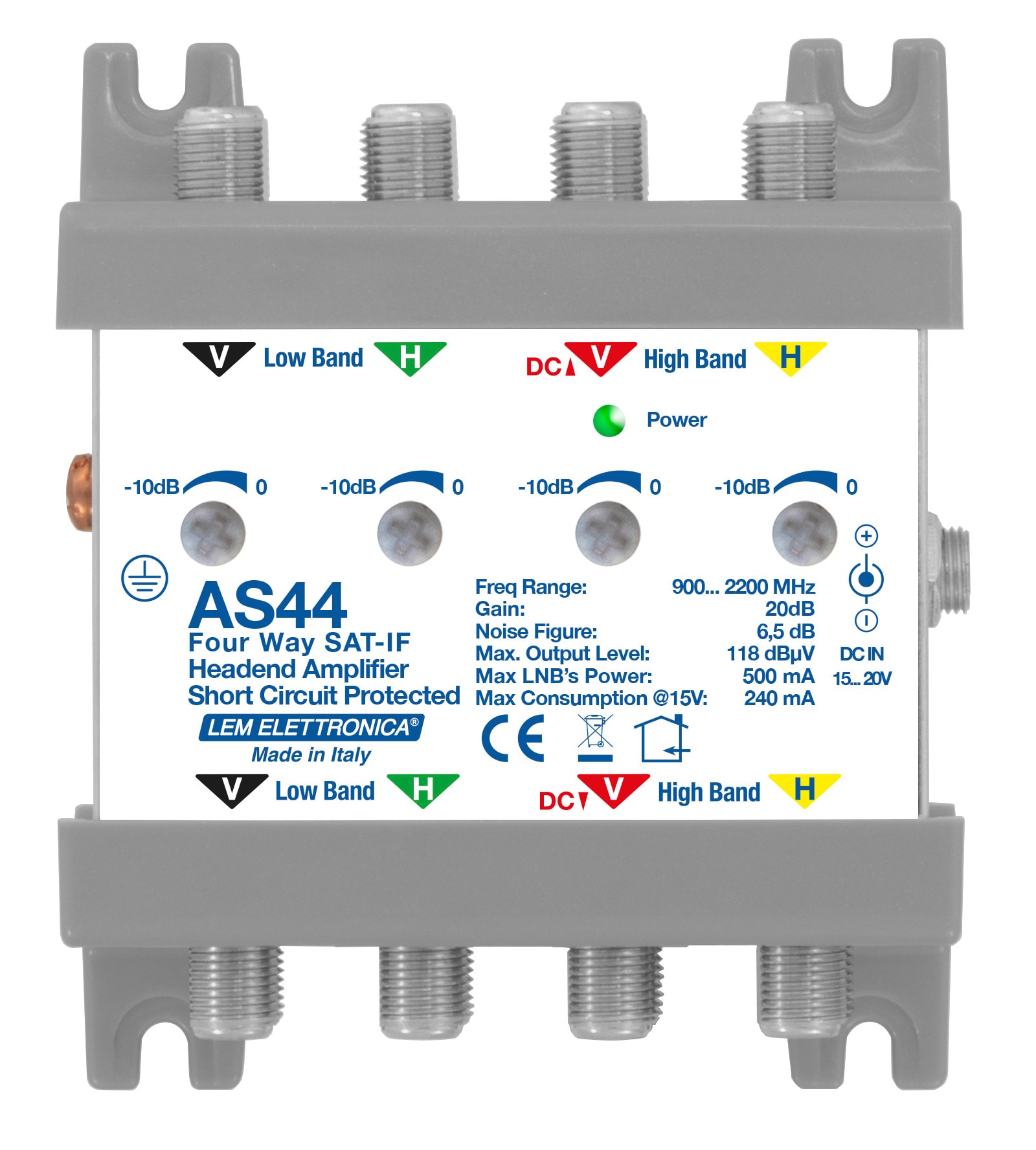 LEM ELETTRONICA - Amplificatore di testa/linea AS44 IF-SAT con 4 ingressi, singolo Satellite (LNB QUATTRO), guadagno Max. 20dB regolabile.