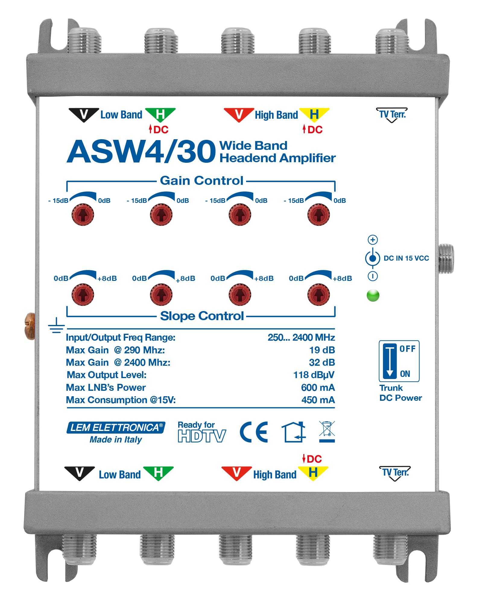 LEM ELETTRONICA - Amplificatore di testa ASW4/30 Wide Band con 4 ingressi SAT (doppio Satellite LNB Wide Band) e 1 ingresso Terrestre passivo, guadagno (Max. 32 dB) e pendenza slope regolabili.