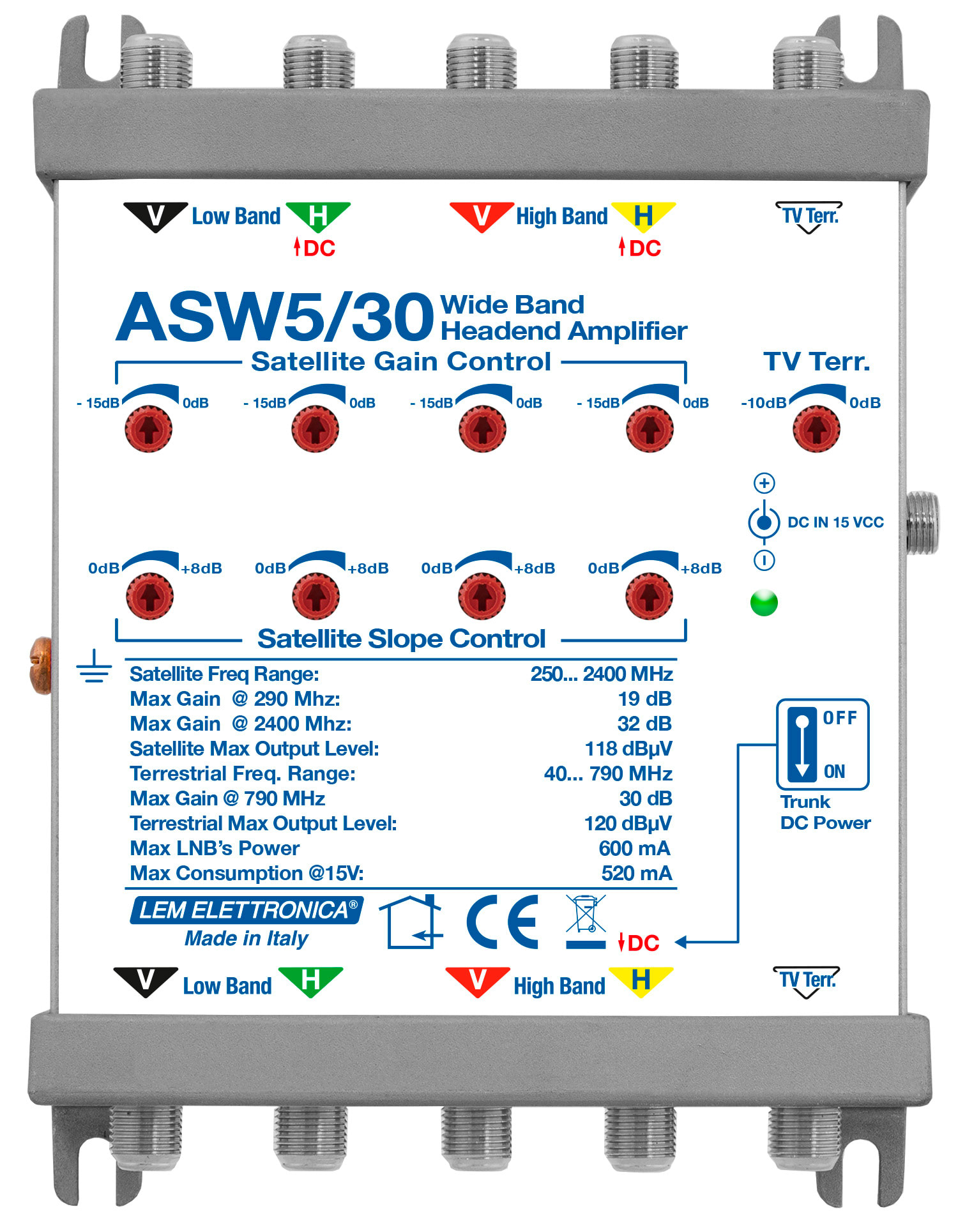 LEM ELETTRONICA - Amplificatore di testa ASW5/30 Wide Band, 4 ingressi SAT (doppio Satellite LNB Wide Band) e 1 ingresso Terrestre attivo (30dB), guadagno (Max. 32dB) e pendenza slope regolabili.