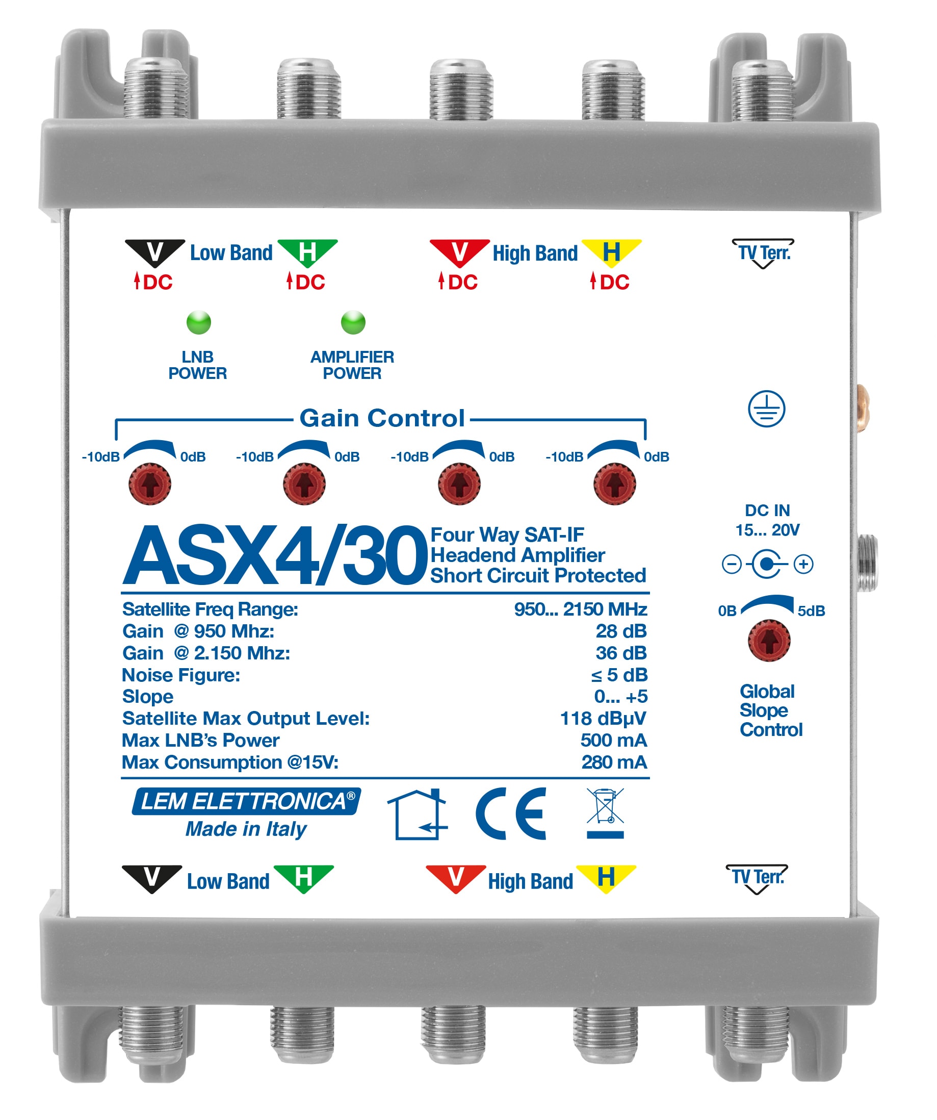 LEM ELETTRONICA - Amplificatore di testa ASX4/30 IF-SAT con 4 ingressi SAT (singolo Satellite LNB QUATTRO) e 1 ingresso Terrestre passivo, guadagno (Max. 36 dB) e pendenza slope regolabili.