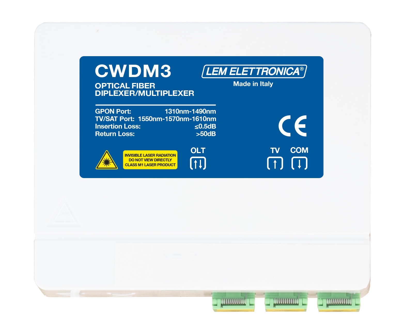 LEM ELETTRONICA - Multiplexer ottico CWDM3 a 5 lunghezze d’onda, con 2 ingressi e 1 uscita, progettato per multiplexare e demultiplexare i dati insieme ai segnali TV Terrestre e Satellitare.