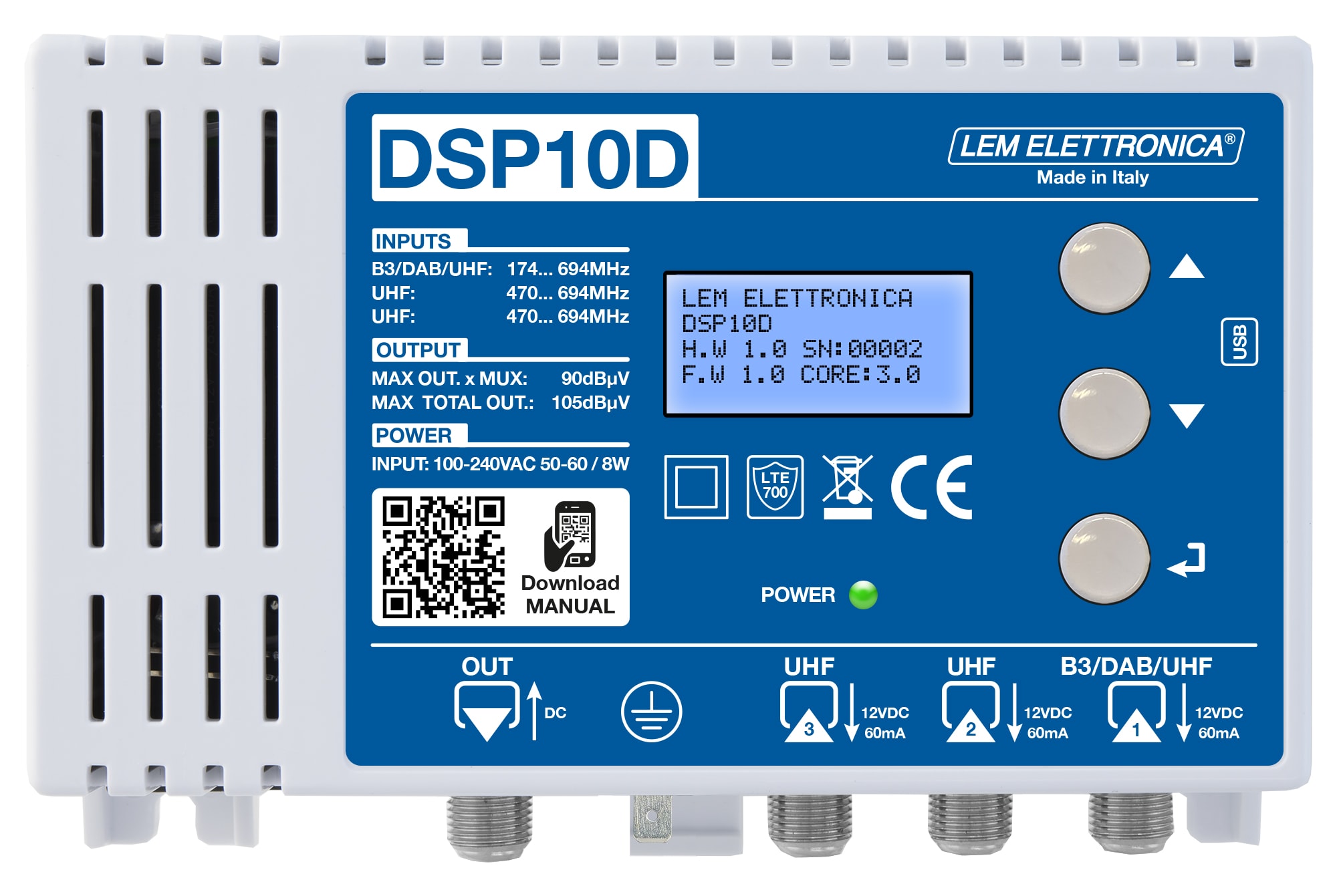 LEM ELETTRONICA - Centrale TV programmabile DSP10D con 3 ingressi UHF/VHF, 32 filtri digitali e livello di uscita totale max. 105dBuV. Programmazione da display.