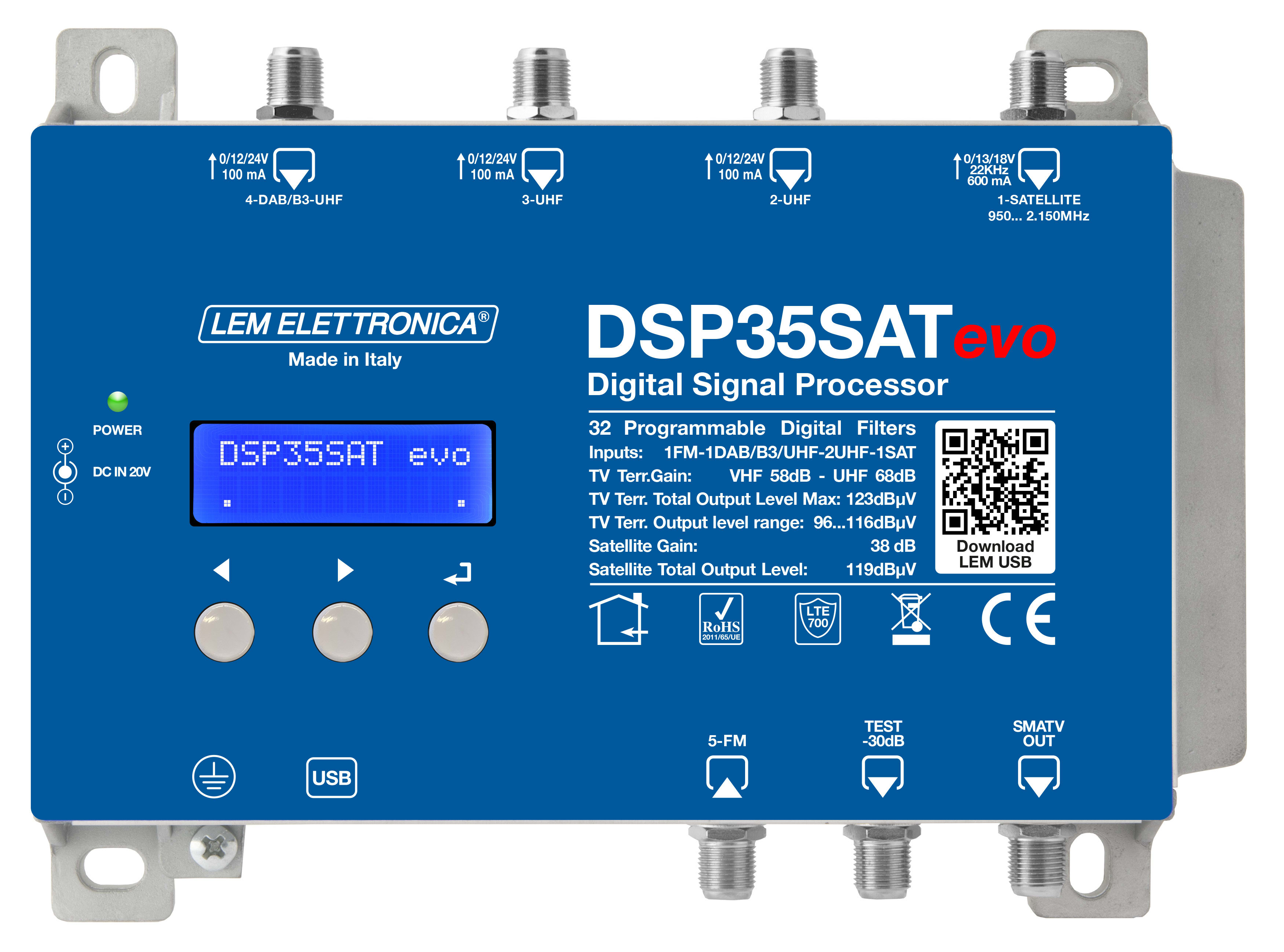 LEM ELETTRONICA - Centrale TV programmabile DSP35-SATevo con 4 ingressi UHF/VHF e 1 ingresso SAT, 32 filtri digitali, livello di uscita max. TV (123dBuV), SAT (119 dBuV). Programmazione da display e da app. Android e Windows.
