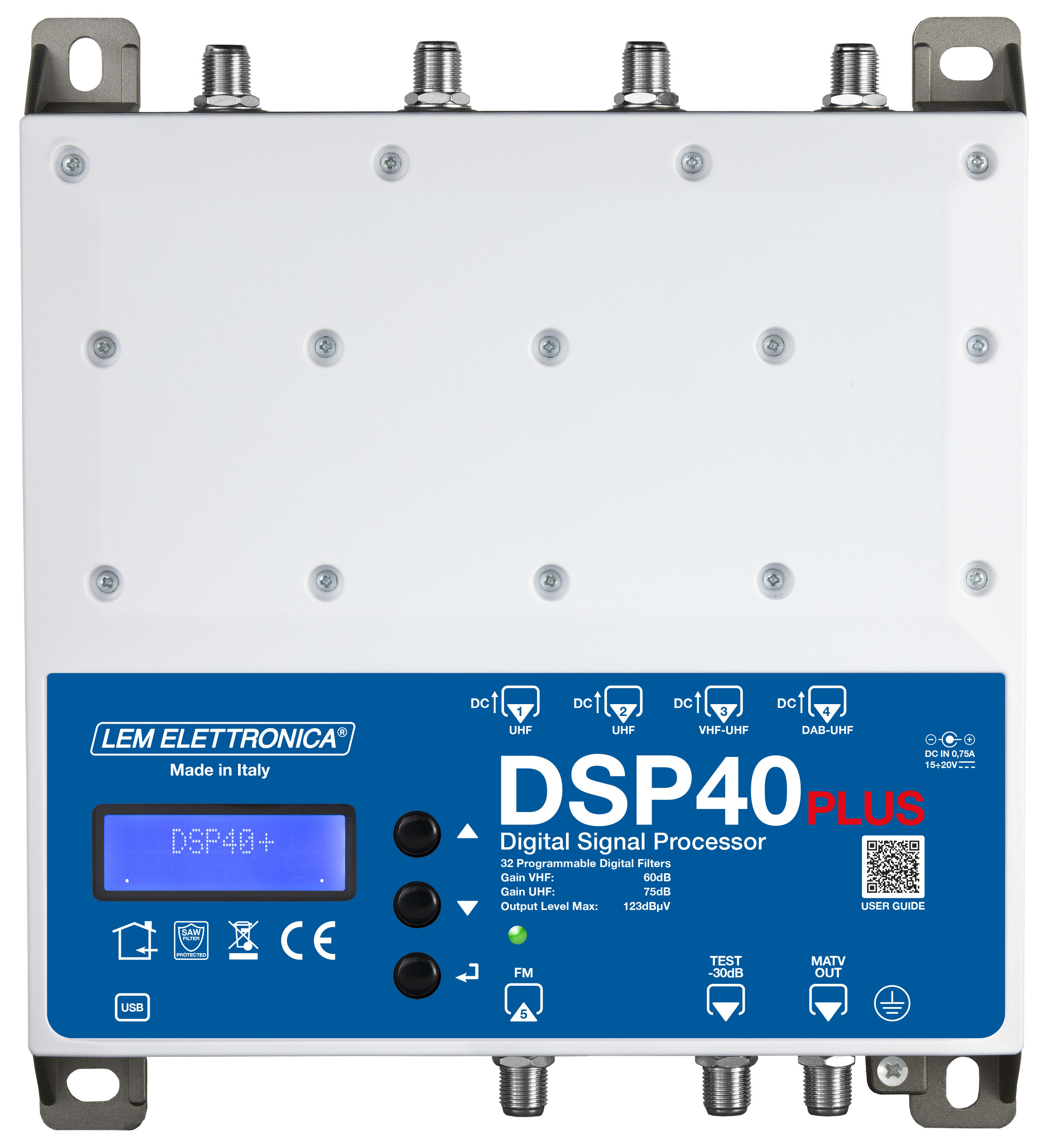 LEM ELETTRONICA - Centrale TV programmabile DSP40 PLUS con 5 ingressi UHF/VHF, 32 filtri digitali e livello di uscita totale max. 123dBuV. Programmazione da display e da applicazione Android e Windows.