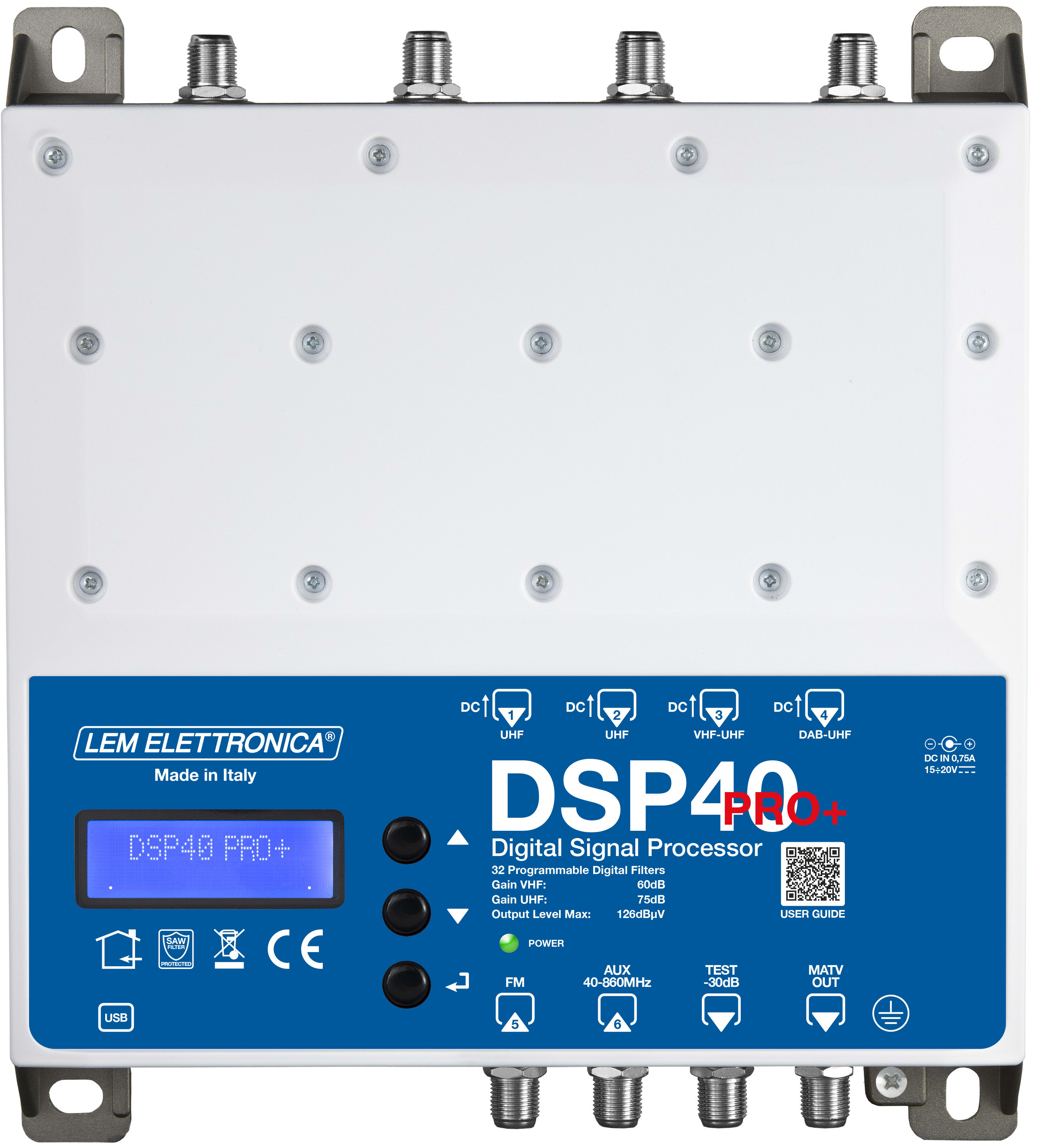 LEM ELETTRONICA - Centrale TV programmabile DSP40PRO PLUS con 6 ingressi UHF/VHF, 32 filtri digitali e livello di uscita totale max. 126dBuV. Programmazione da display e da applicazione Android e Windows. DSP40PRO PLUS