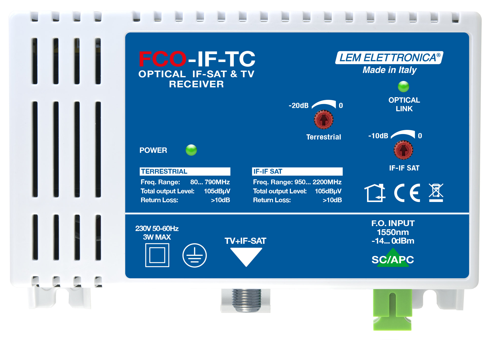 LEM ELETTRONICA - Ricevitore ottico FCO-IF-T con 1 uscita IF-SAT e TV Terrestre miscelato, per applicazioni SKY, FM, DAB, UHF, SAT.