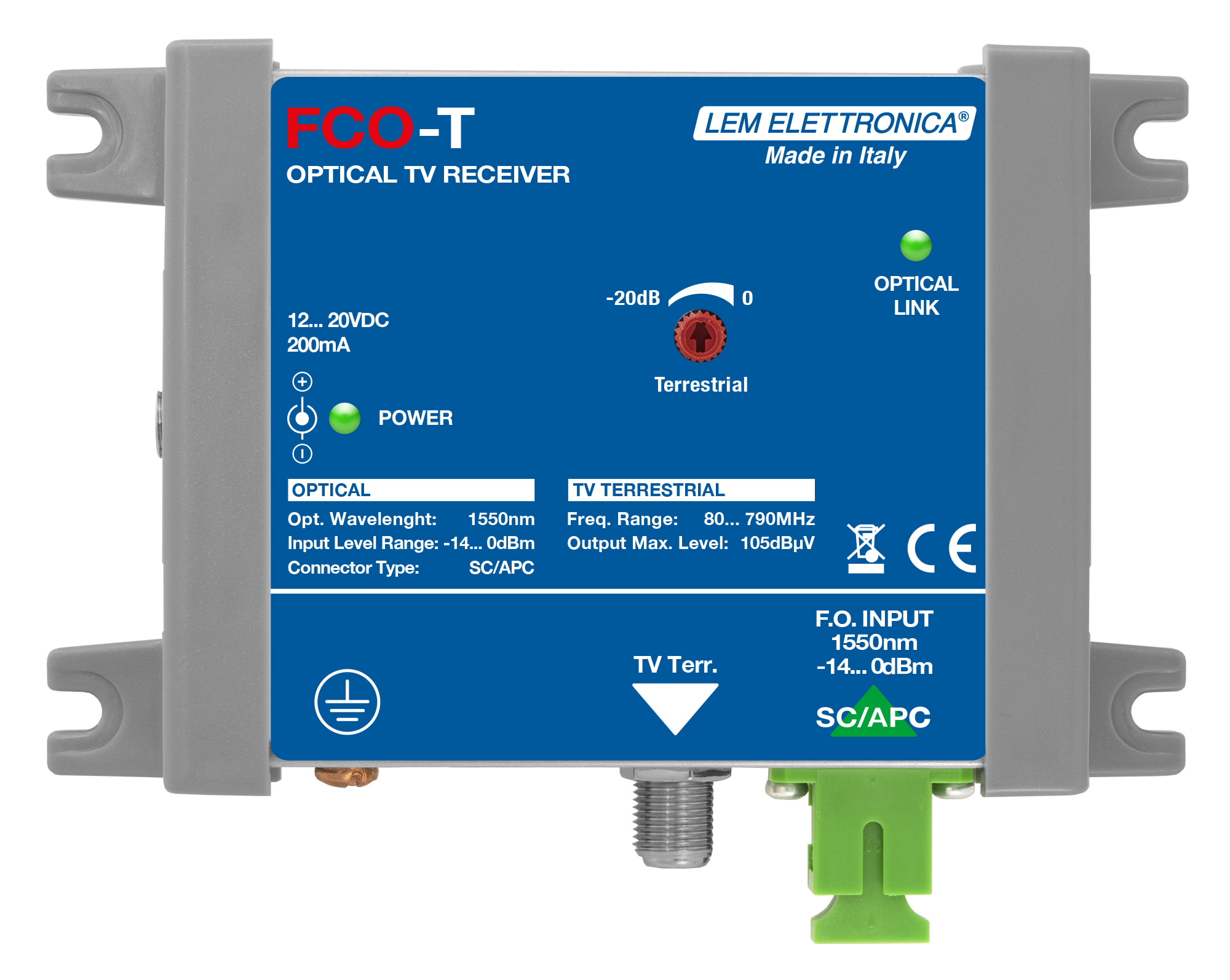 LEM ELETTRONICA - Ricevitore ottico FCO-T con 1 uscita TV Terrestre, per applicazioni FM, DAB, UHF.