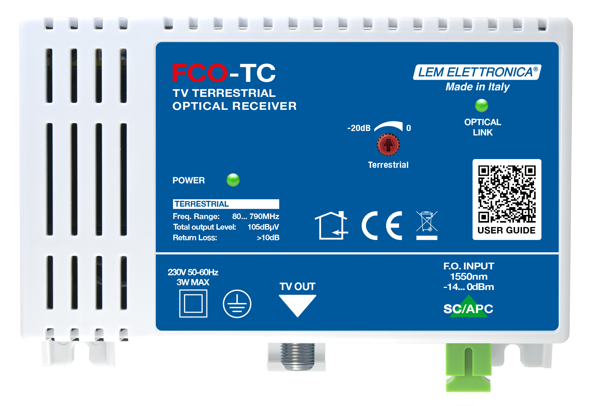 LEM ELETTRONICA - Ricevitore ottico FCO-T con 1 uscita TV Terrestre, per applicazioni FM, DAB, UHF.