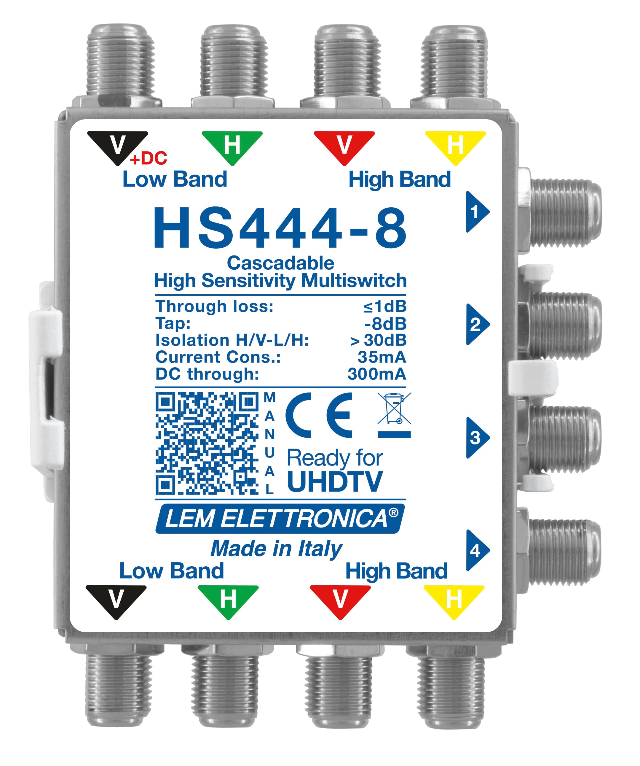LEM ELETTRONICA - Multiswitch Legacy attenuato HS444-8 con 4 ingressi passanti e 4 uscite derivate, per applicazioni SKY, SAT. HS444-8