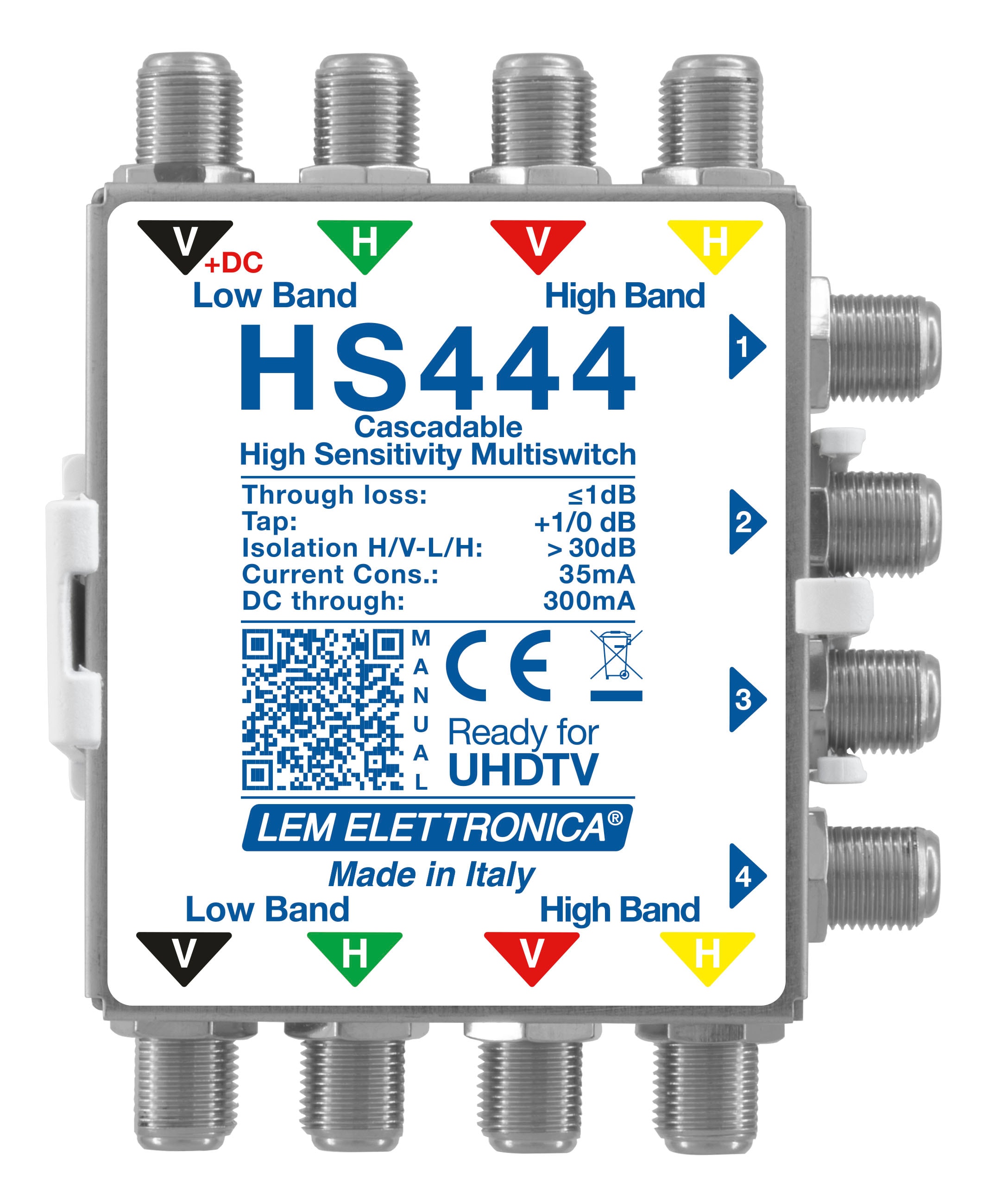 LEM ELETTRONICA - Multiswitch Legacy attivo HS444 con 4 ingressi passanti e 4 uscite derivate, per applicazioni SKY, SAT.