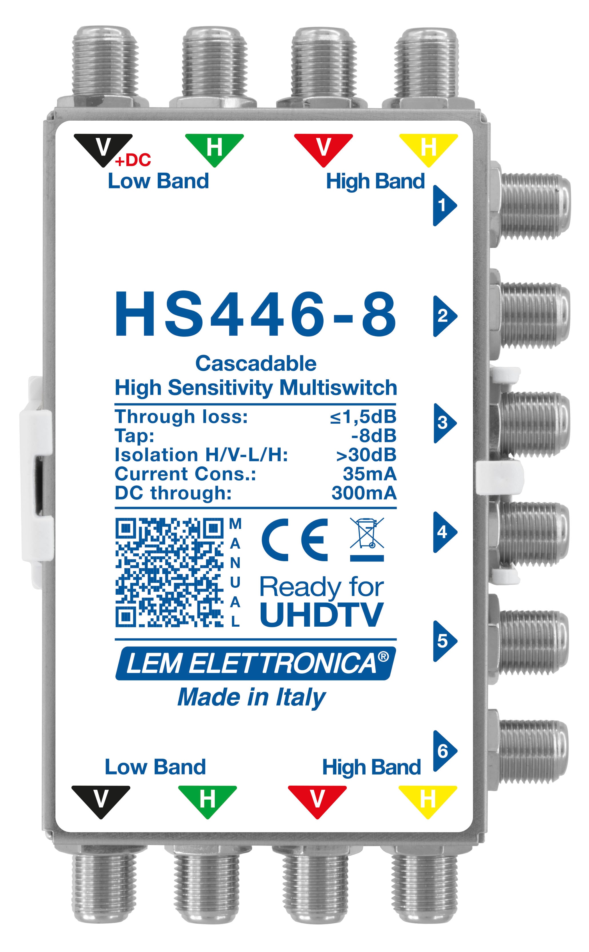 LEM ELETTRONICA - Multiswitch Legacy attenuato HS446-8 con 4 ingressi passanti e 6 uscite derivate, per applicazioni SKY, SAT. HS446-8