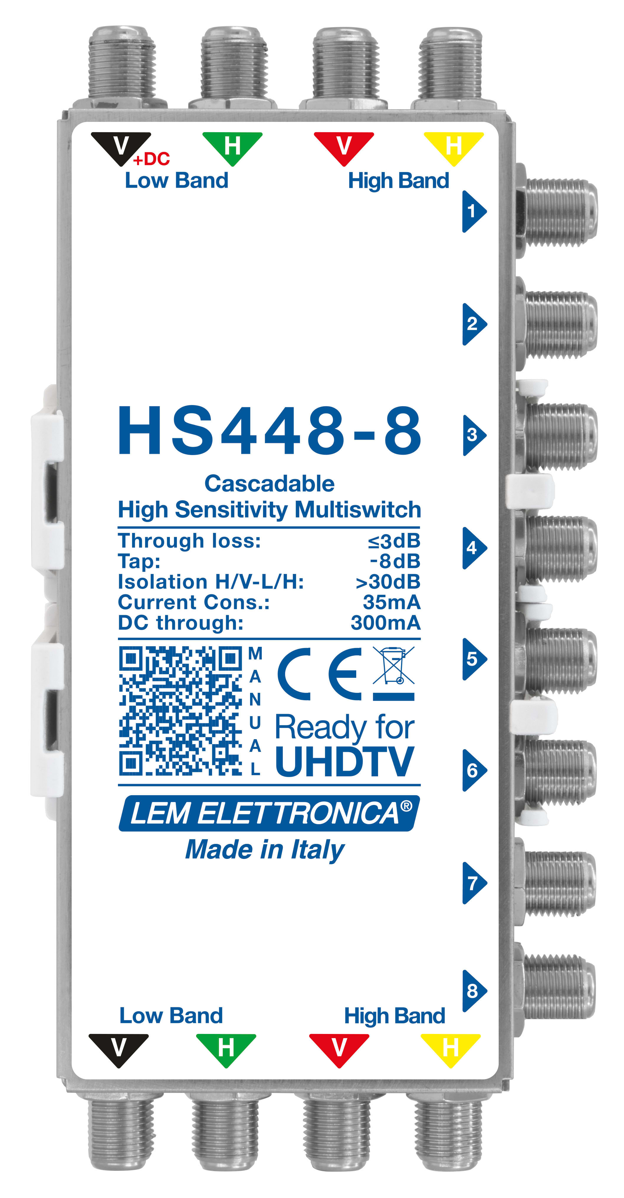 LEM ELETTRONICA - Multiswitch Legacy attenuato HS448-8 con 4 ingressi passanti e 8 uscite derivate, per applicazioni SKY, SAT.