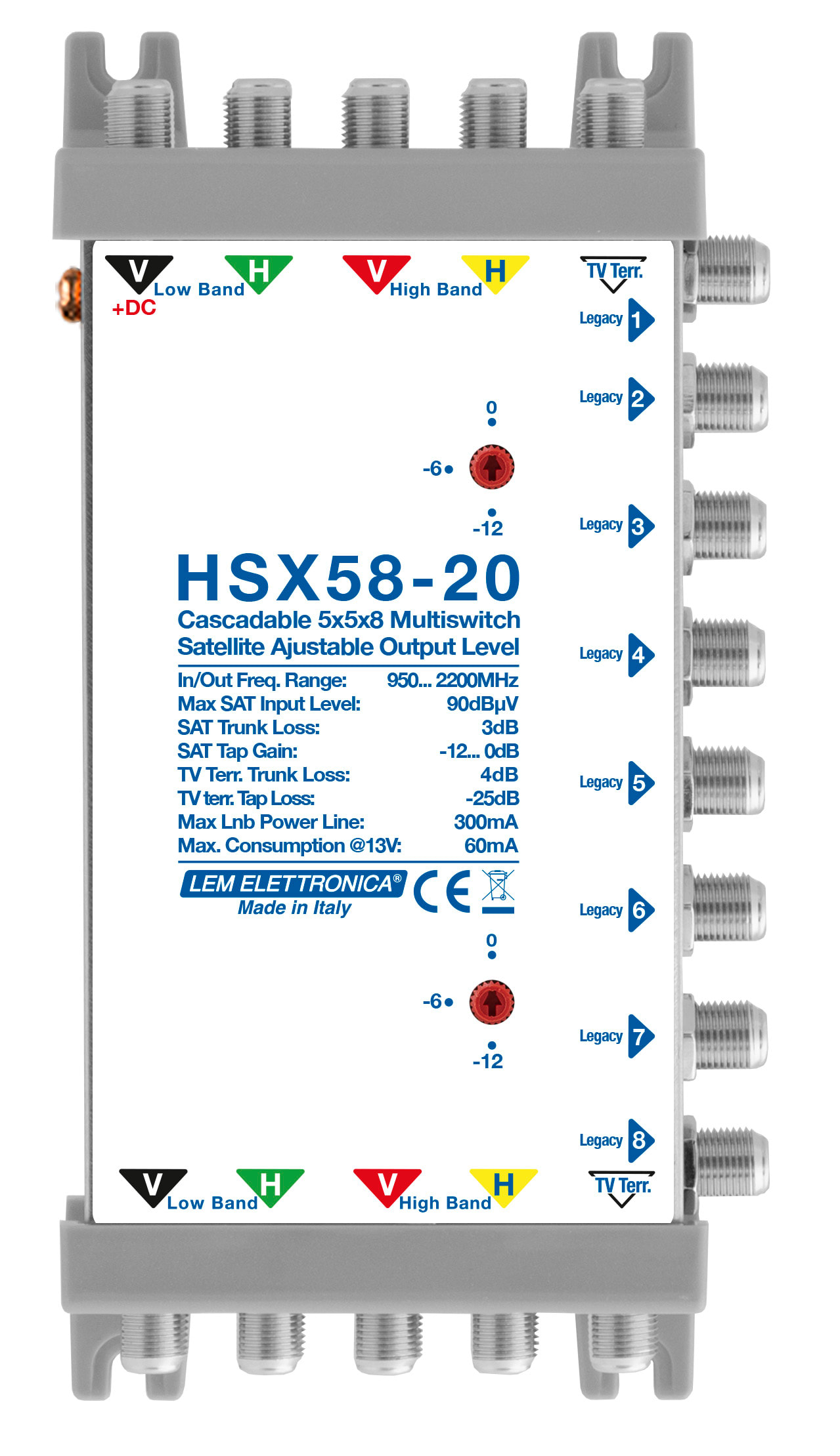 LEM ELETTRONICA - Multiswitch Legacy HSX58-20 con 5 ingressi passanti e 4 uscite derivate, Satellite amplificato regolabile, Terrestre attenuato, per applicazioni SKY, FM, DAB, UHF, SAT. HSX58-20