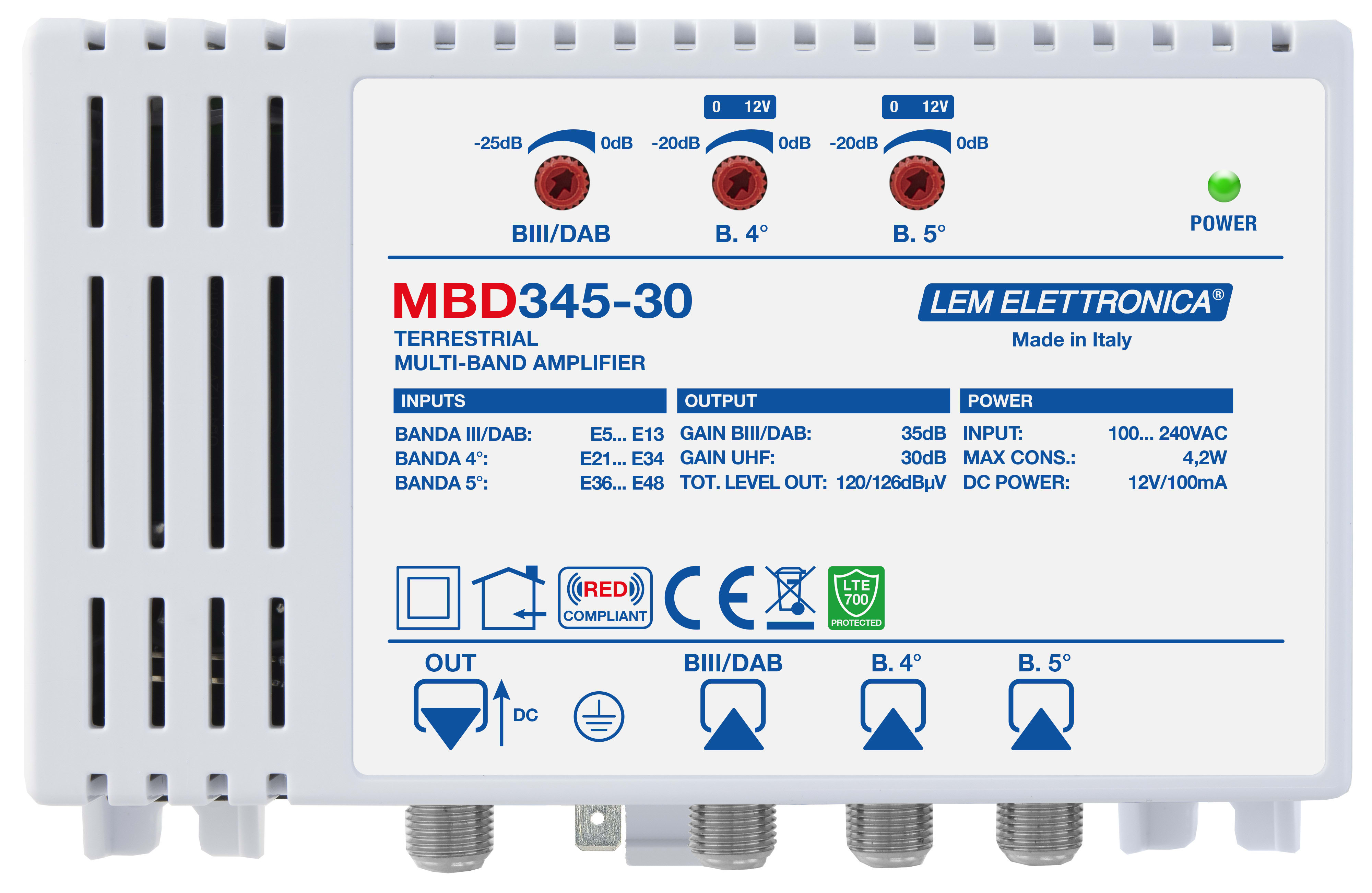 LEM ELETTRONICA - Centrale TV a larga banda MBD345-30 con 3 ingressi UHF/VHF e 1 uscita, livello di uscita totale max. VHF (120dBuV), UHF (126dBuV).