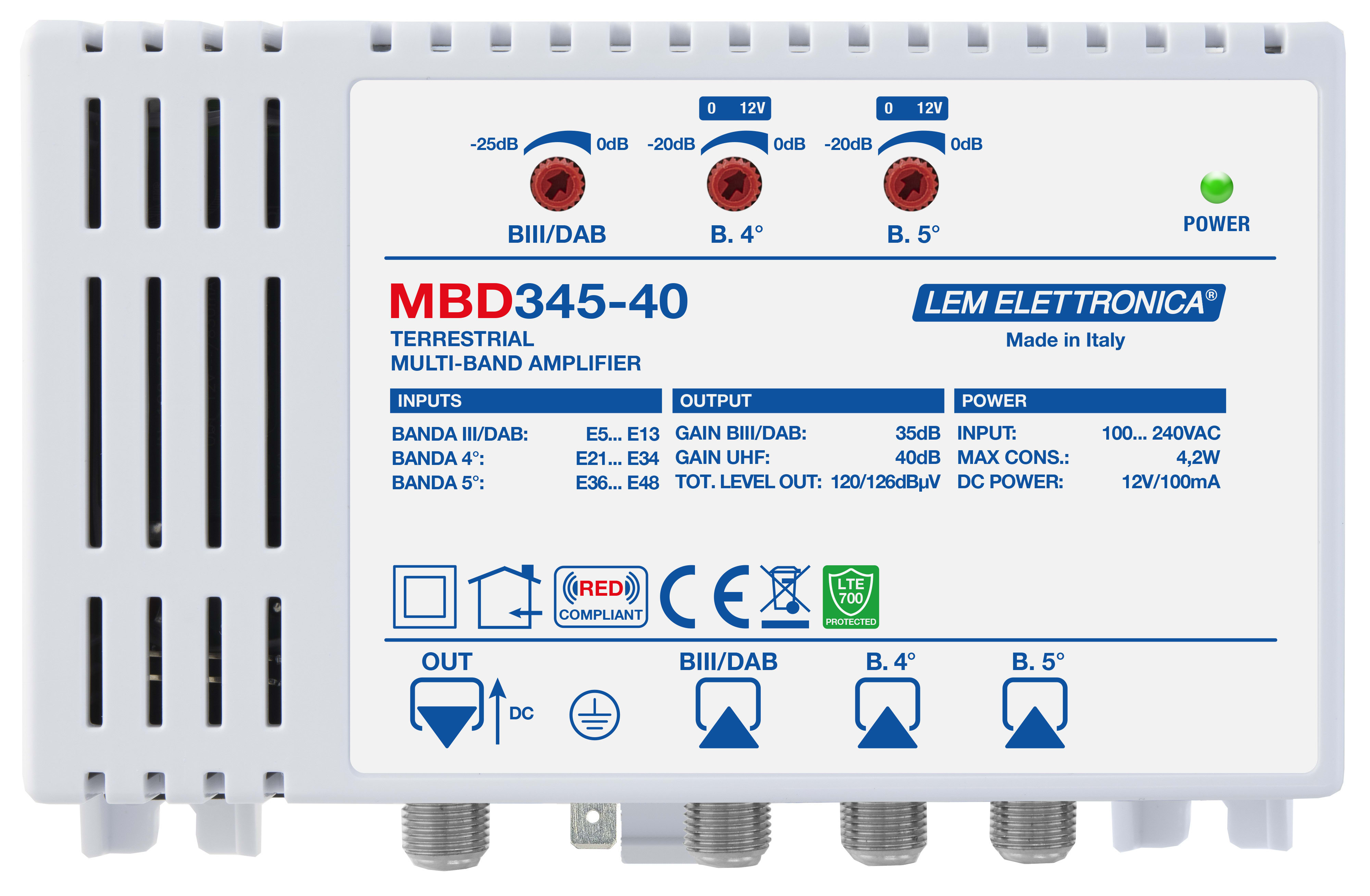 LEM ELETTRONICA - Centrale TV a larga banda MBD345-40 con 3 ingressi UHF/VHF e 1 uscita, livello di uscita totale max. VHF (120dBuV), UHF (126dBuV).