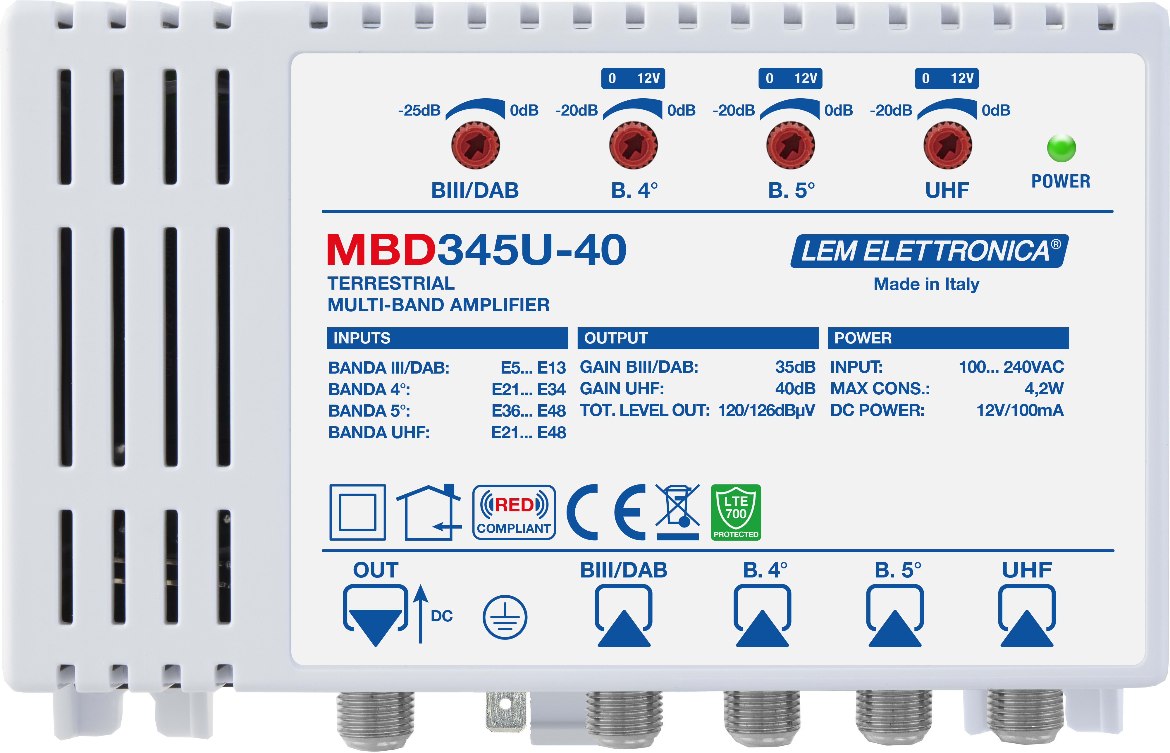 LEM ELETTRONICA - Centrale TV a larga banda MBD345U-40 con 4 ingressi UHF/VHF e 1 uscita, livello di uscita totale max. VHF (120dBuV), UHF (126dBuV).