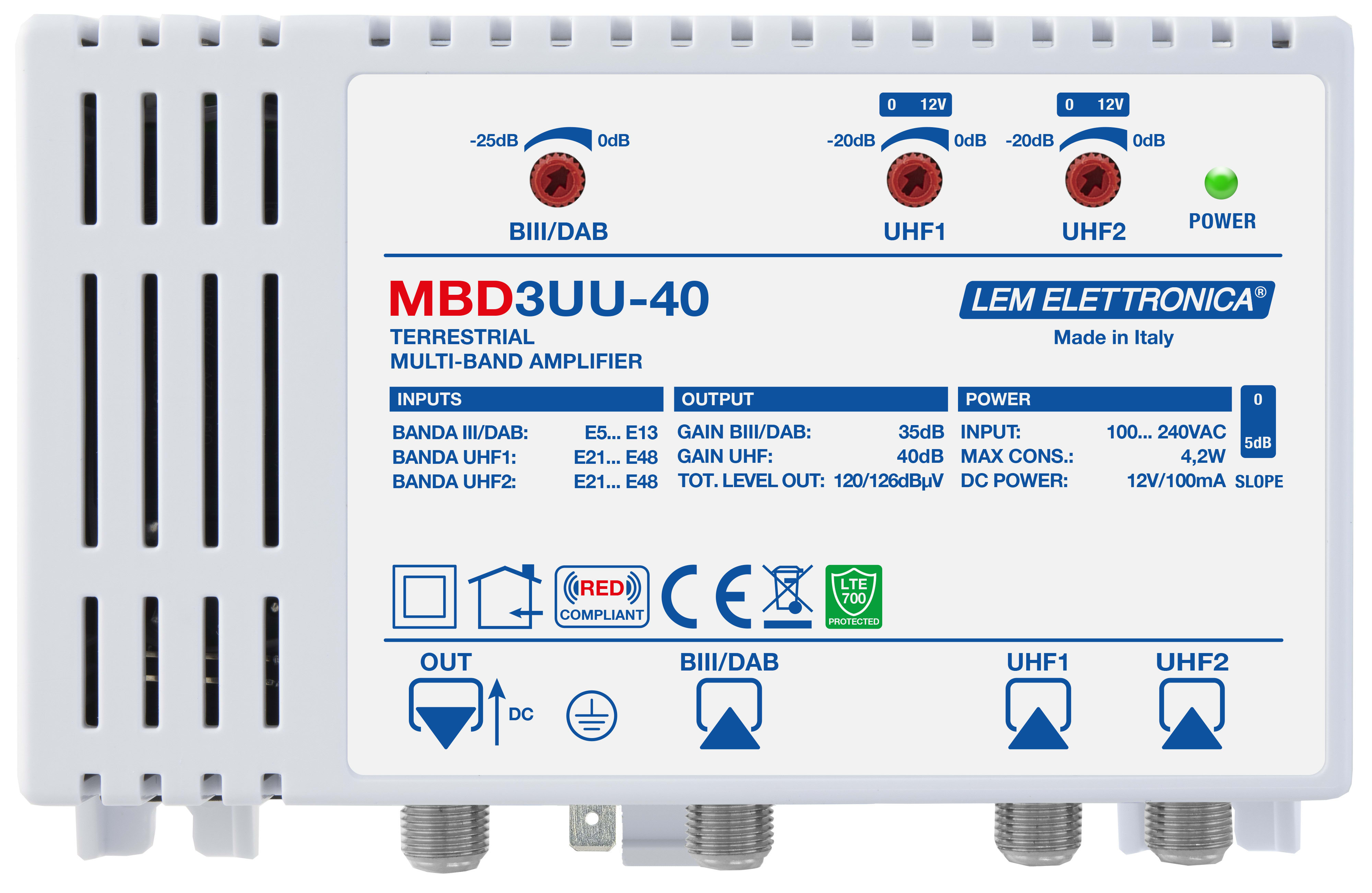 LEM ELETTRONICA - Centrale TV a larga banda MBD3UU-40 con 3 ingressi UHF/VHF e 1 uscita, livello di uscita totale max. VHF (120dBuV), UHF (126dBuV).