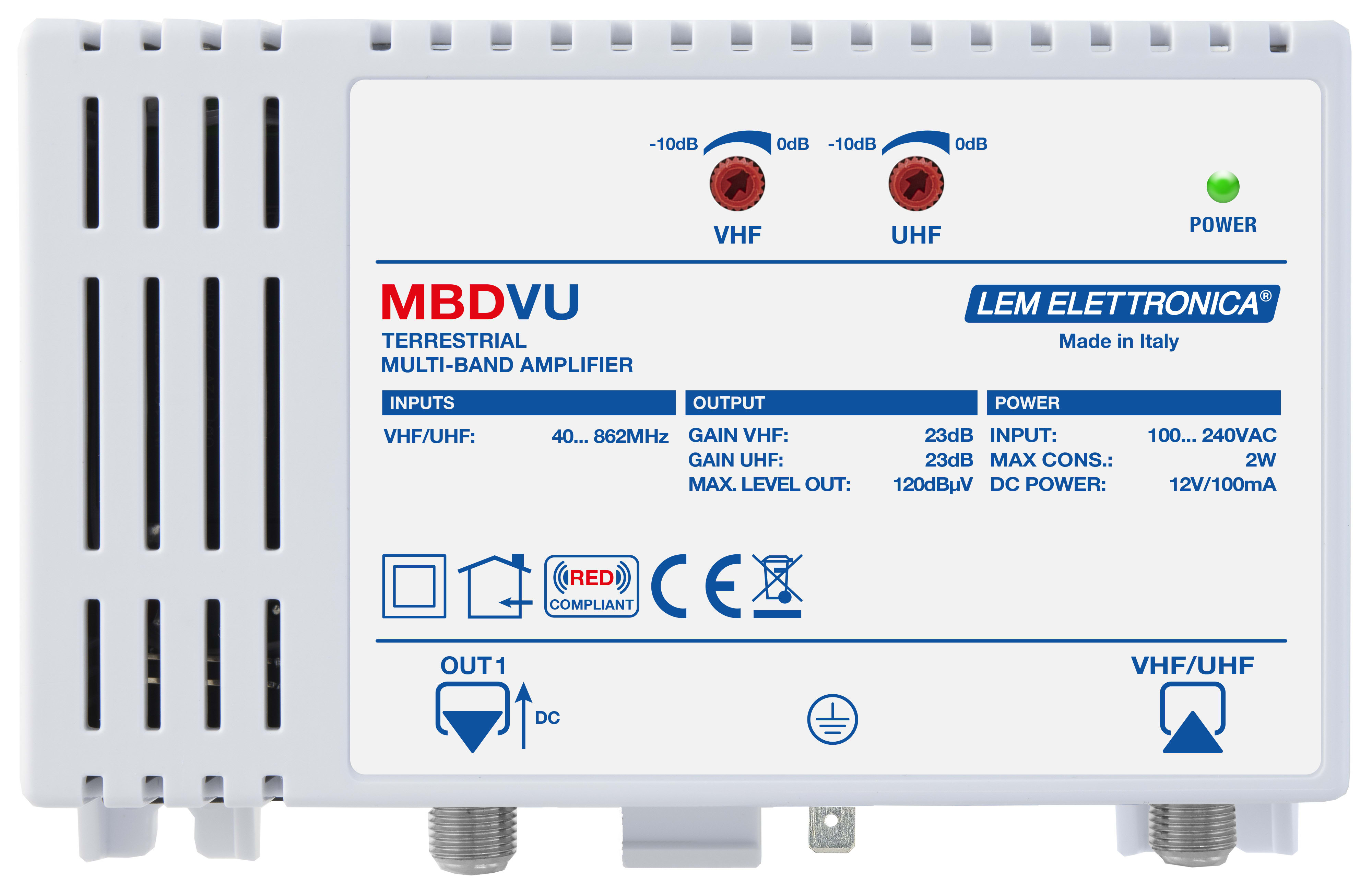 LEM ELETTRONICA - Amplificatore di linea a larga banda MBDVU con 1 ingresso UHF/VHF e 1 uscita, livello di uscita totale max. 120dBuV, guadagno 23dB.