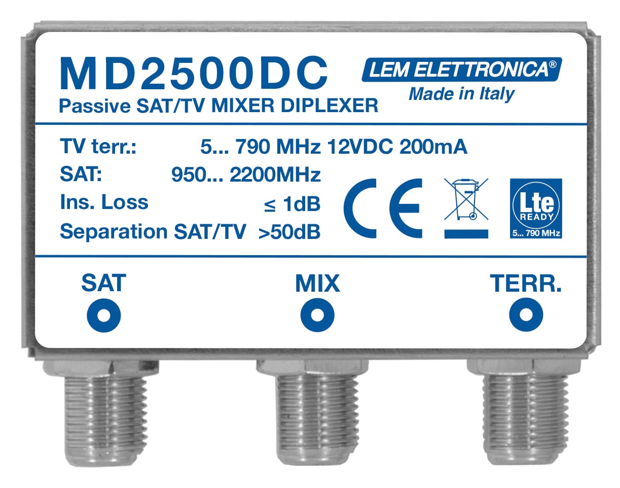 LEM ELETTRONICA - Miscelatore MD2500DC con 1 ingresso TV Terrestre alimentato a 12V-200mA , 1 ingresso Satellite.