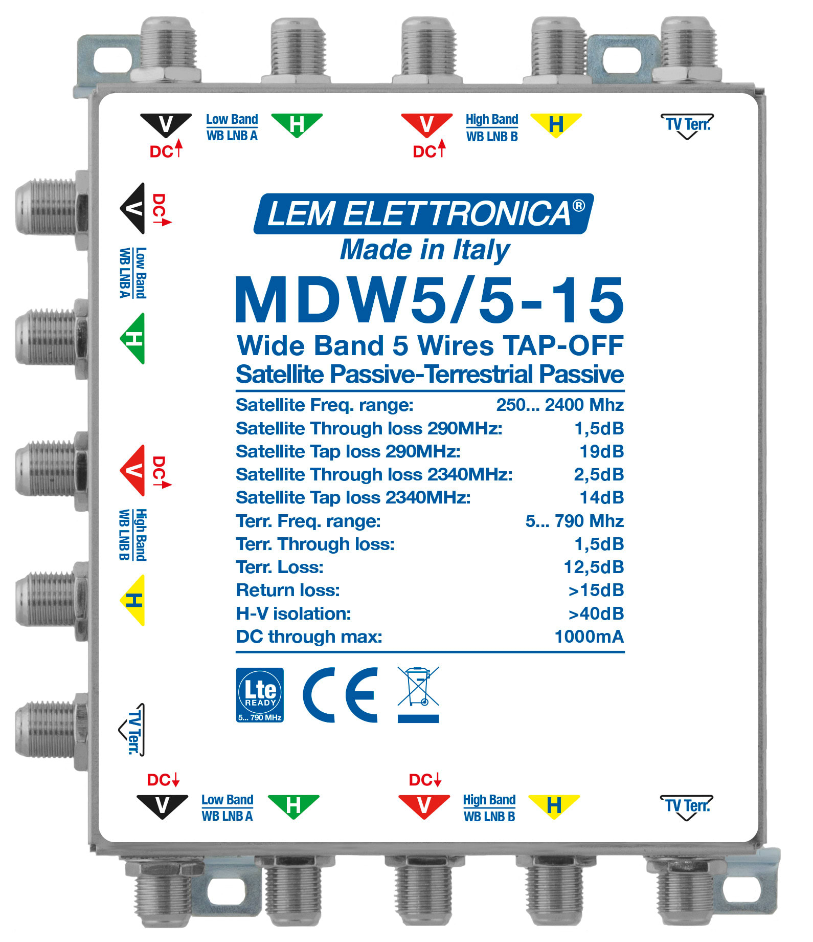 LEM ELETTRONICA - Derivatore passivo MDW5/5-15, 4 montanti Satellite Wide Band (250… 2400MHz) e 1 montante Terrestre (5… 790MHz), perdita di derivazione -15dB. MDW5/5-15