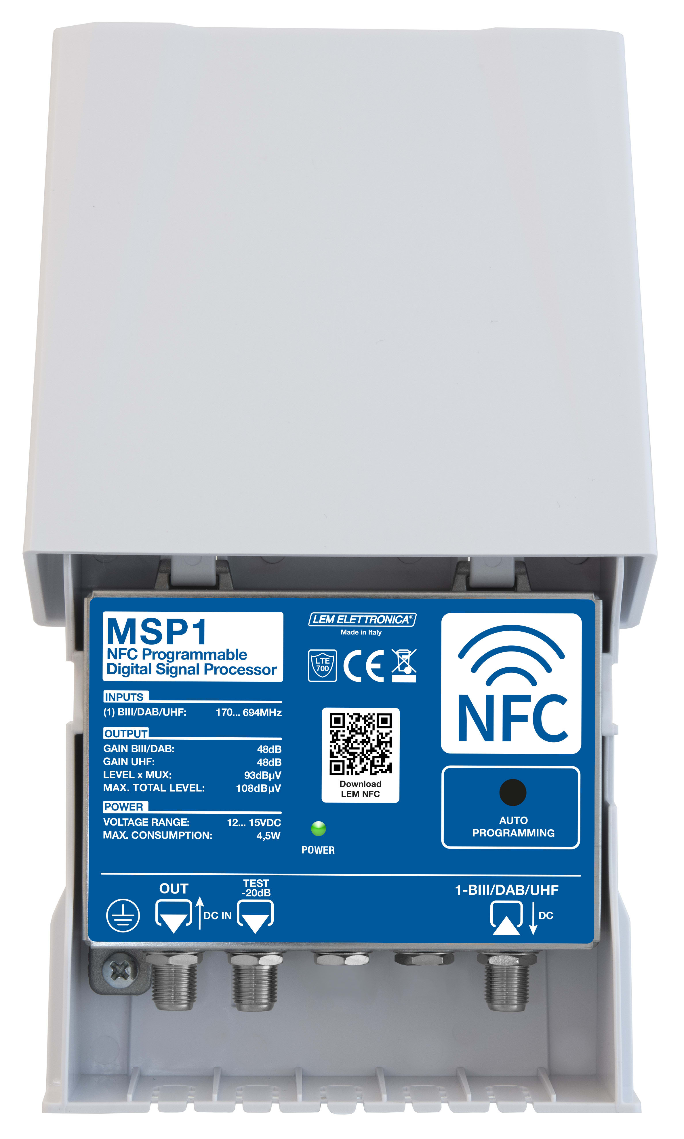 LEM ELETTRONICA - Amplificatore TV programmabile da palo MSP1 con 1 ingresso UHF/VHF, 32 filtri digitali e livello di uscita totale max. 108dBuV. Programmazione da applicazione Android e Apple iOS.
