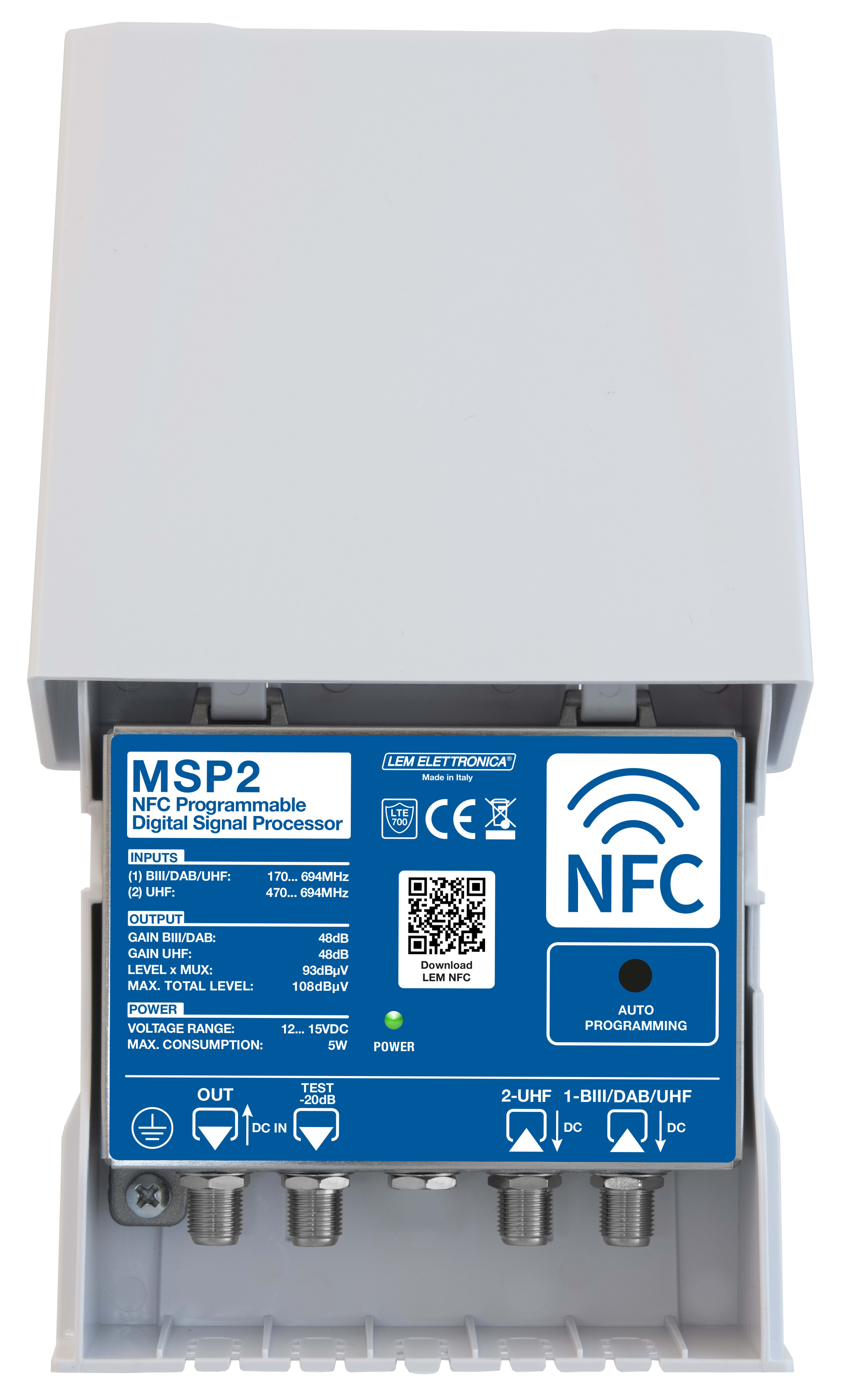 LEM ELETTRONICA - Amplificatore TV programmabile da palo MSP2 con 2 ingressi UHF/VHF, 32 filtri digitali e livello di uscita totale max. 108dBuV. Programmazione da applicazione Android e Apple iOS. MSP2