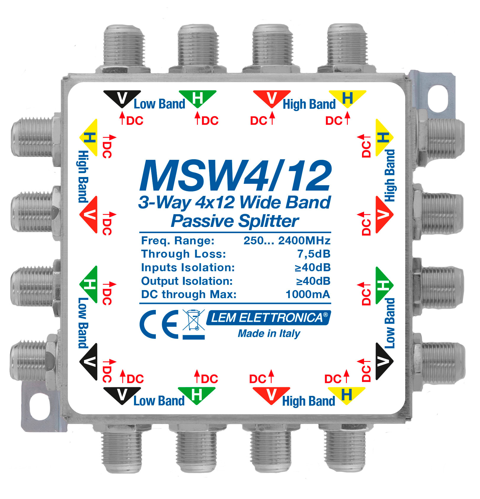 LEM ELETTRONICA - Partitore MSW4/12, 4 montanti Satellite Wide Band (250… 2400MHz) a 3 vie, perdita di passaggio <7,5dB.