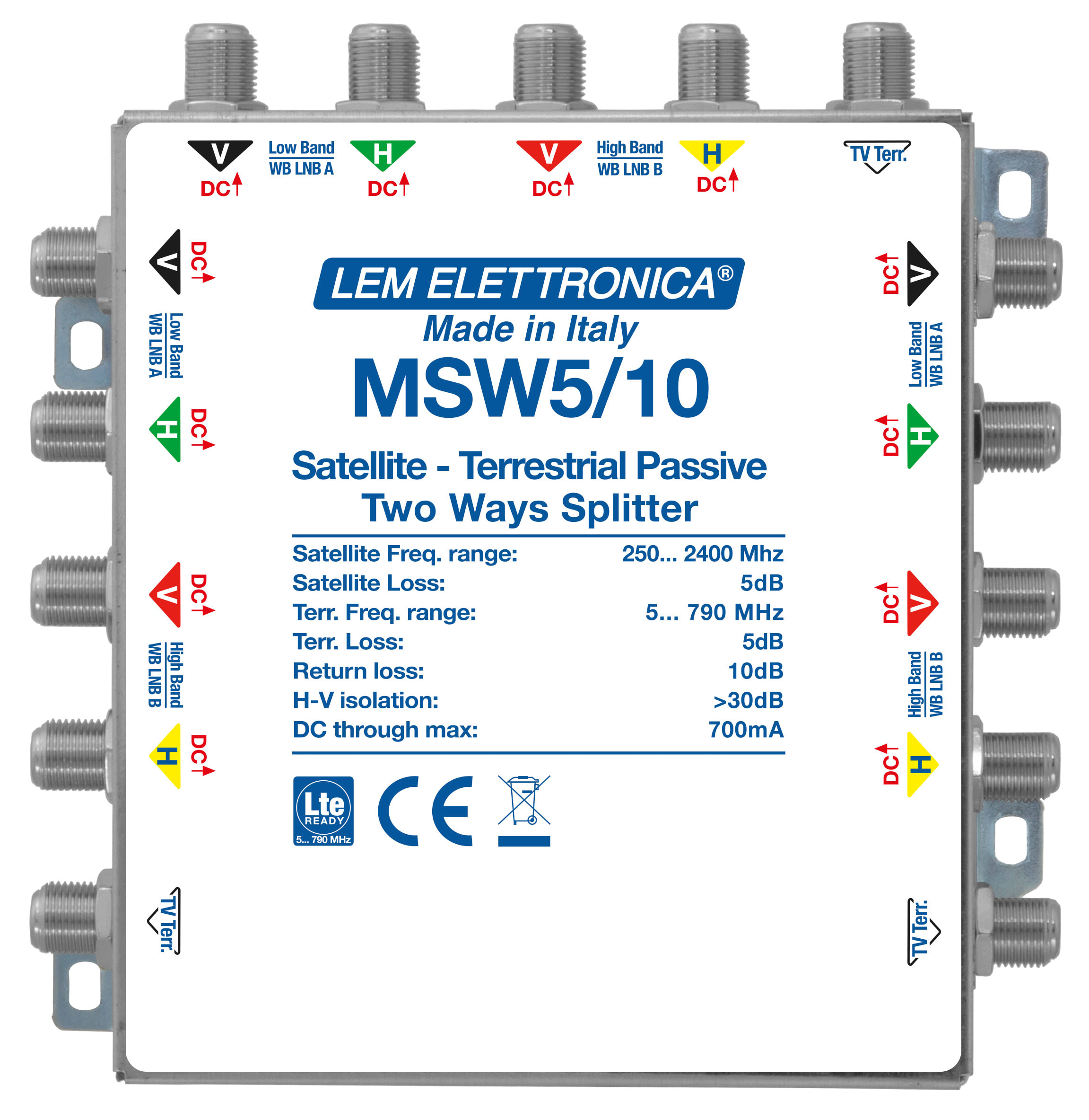 LEM ELETTRONICA - Partitore MSW5/10, 4 montanti Satellite Wide Band (250… 2400MHz) e 1 montante Terrestre (5… 790MHz) a 2 vie, perdita di passaggio <5dB.