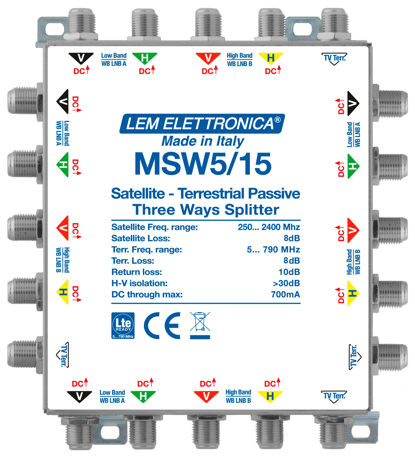 LEM ELETTRONICA - Partitore MSW5/15, 4 montanti Satellite Wide Band (250… 2400MHz) e 1 montante Terrestre (5… 790MHz) a 3 vie, perdita di passaggio <8dB. MSW5/15