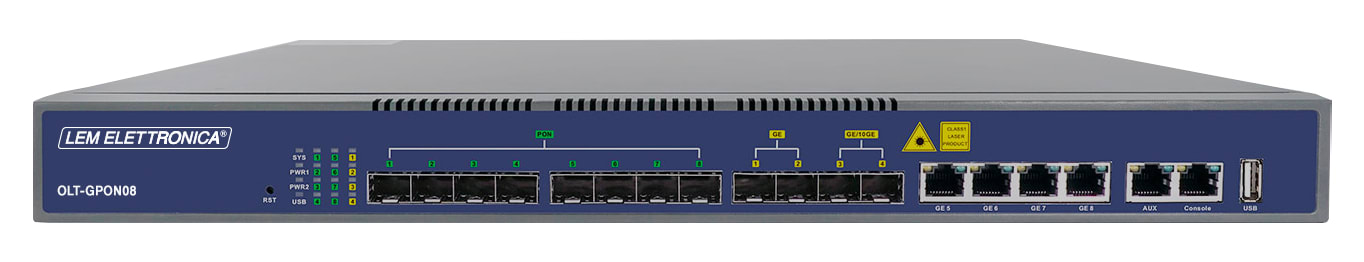 LEM ELETTRONICA - Rice-trasmettitore ottico OLT-GPON08 con 8 porte PON, UPLINK: 4 RJ45(GE), 2 SFP(GE), 2 SFP+(10GE).