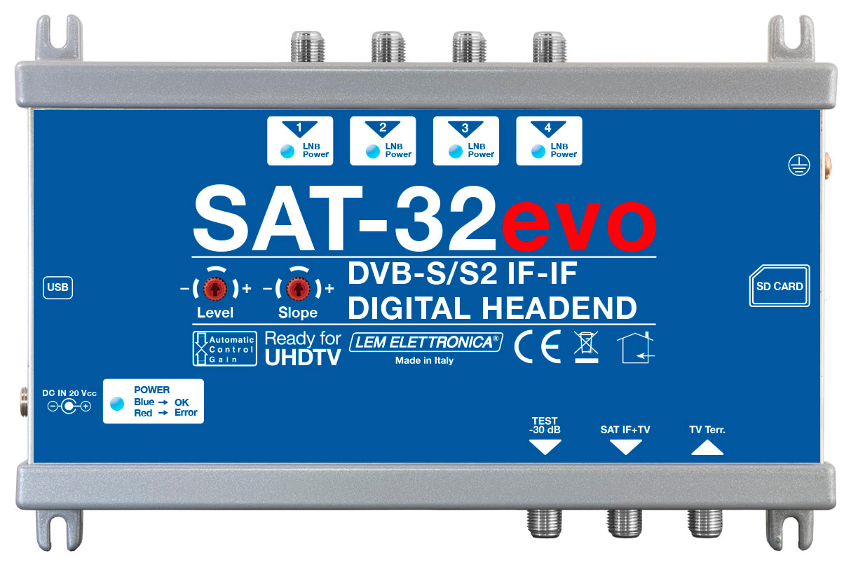 LEM ELETTRONICA - Centrale IF-SAT SAT-32evo con 4 ingressi LNB (Universali,Quattro,Wideband), 1 ingresso TV Terrestre, 32 filtri, programmazione da App o SD card, livello di uscita max.125dBuV.