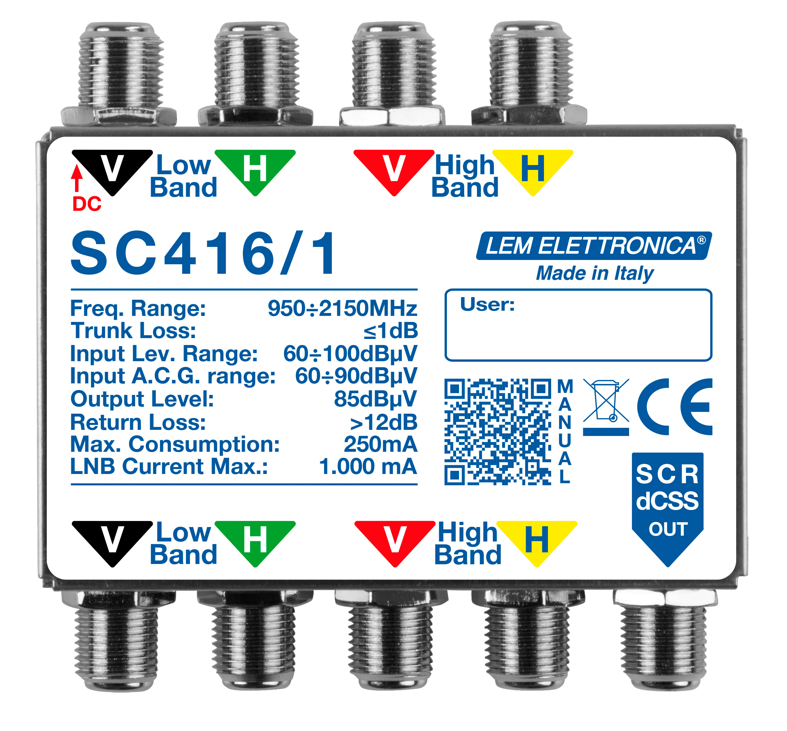 LEM ELETTRONICA - Multiswitch dCSS SC416/1 con 4 ingressi passanti e 1 uscita derivata, per applicazioni SKY, SAT. SC416/1