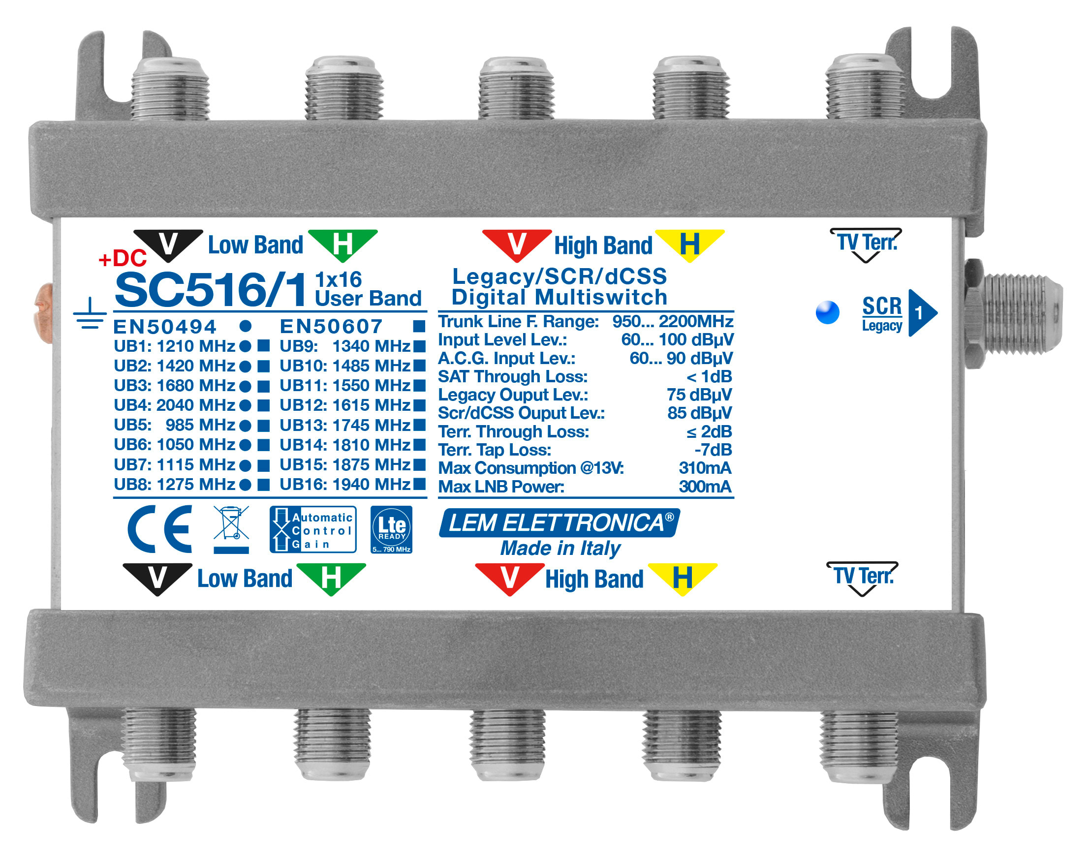 LEM ELETTRONICA - Multiswitch dCSS/Legacy SC516/1 con 5 ingressi passanti e 1 uscita derivata, per applicazioni SKY, FM, DAB, UHF, SAT. SC516/1