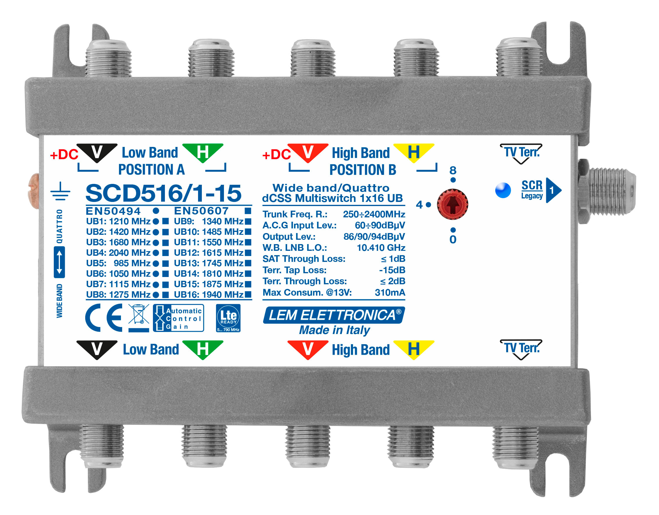 LEM ELETTRONICA - Multiswitch dCSS/Legacy SCD516/1-15 con 5 ingressi passanti e 1 uscita derivata, Satellite amplificato, attenuazione di -15dB sul Terrestre, per applicazioni SKY, FM, DAB, UHF, SAT.