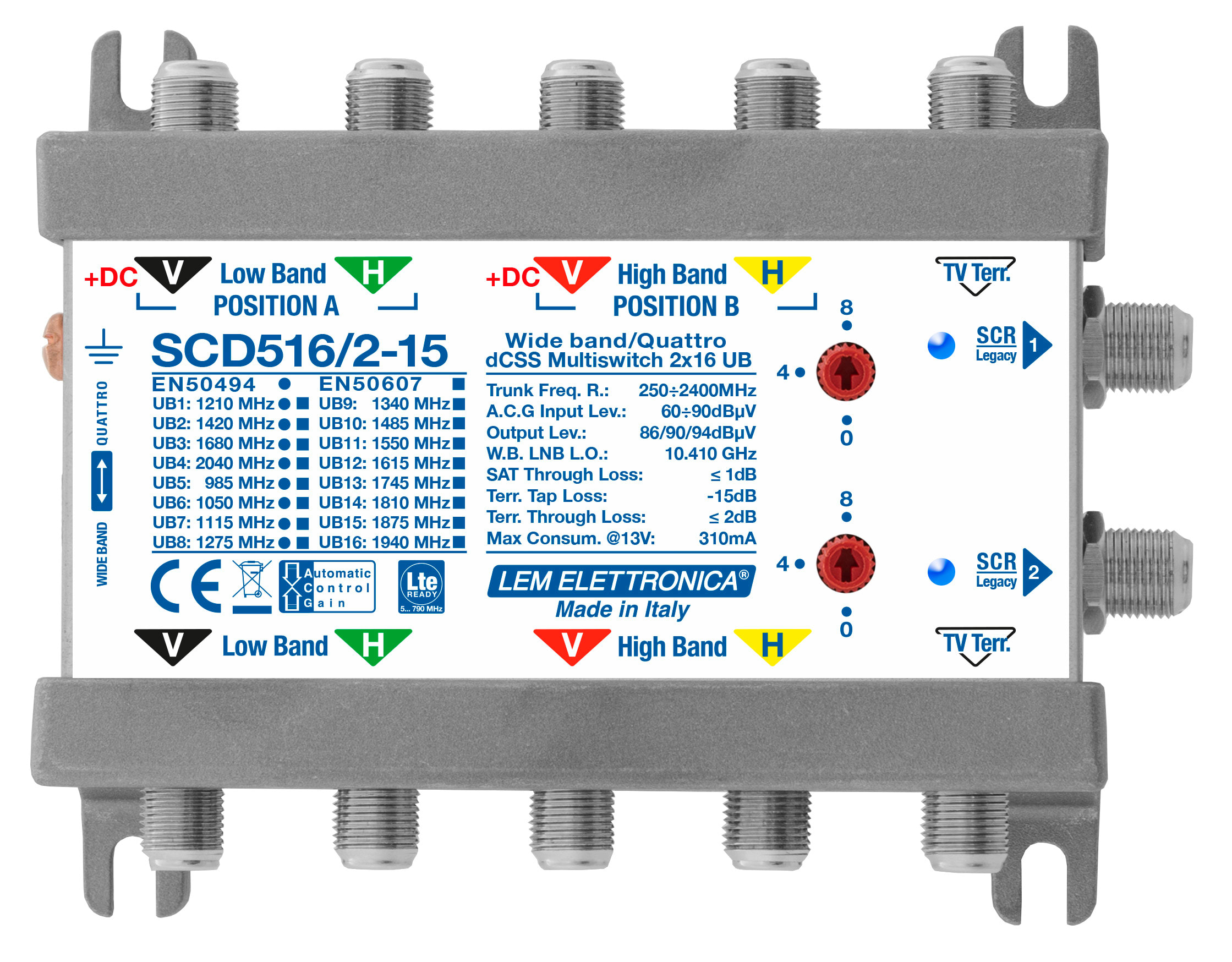 LEM ELETTRONICA - Multiswitch dCSS/Legacy SCD516/2-15 con 5 ingressi passanti e 2 uscite derivate, Satellite amplificato, attenuazione di -15dB sul Terrestre, per applicazioni SKY, FM, DAB, UHF, SAT. SCD516/2-15