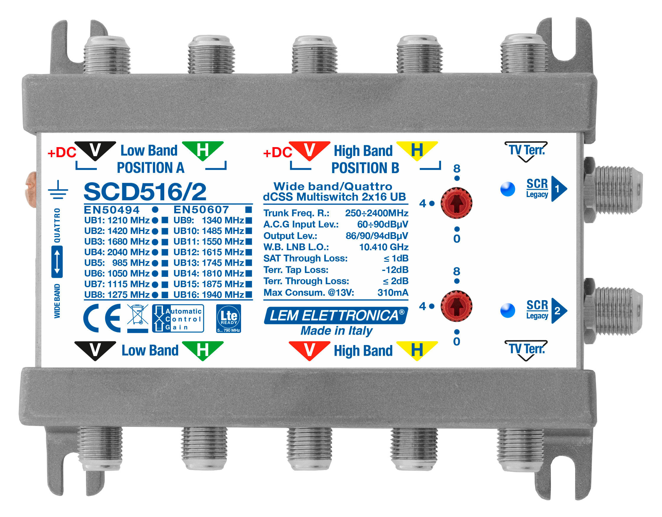 LEM ELETTRONICA - Multiswitch dCSS/Legacy SCD516/2 con 5 ingressi passanti e 2 uscite derivate, Satellite amplificato, per applicazioni SKY, FM, DAB, UHF, SAT.