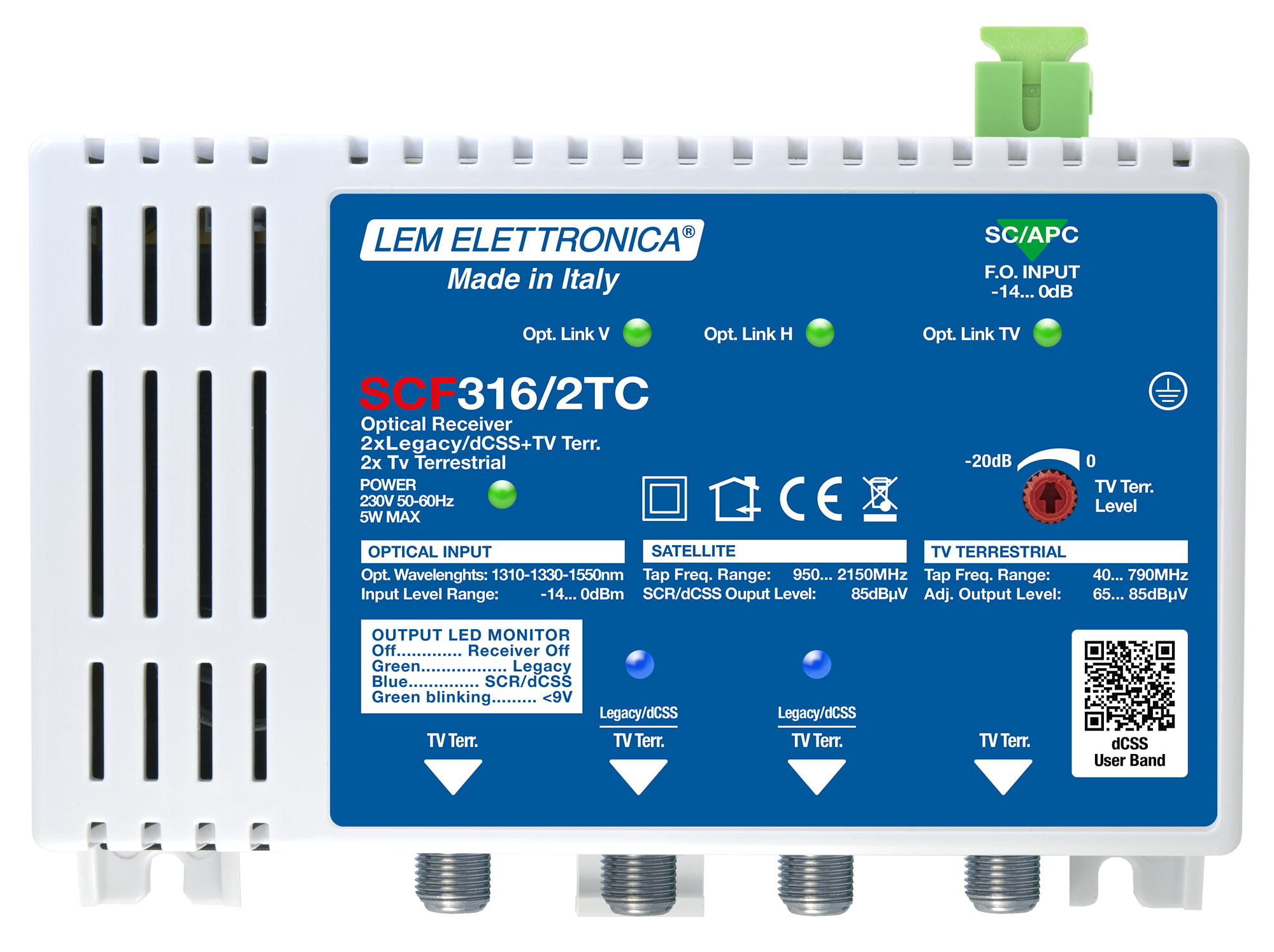 LEM ELETTRONICA - Ricevitore ottico SCF316/2TC con 4 uscite (2 dCSS/Legacy e TV terrestre miscelato regolabile, 2 TV Terrestre regolabile), per applicazioni SKY, FM, DAB, UHF, SAT. SCF316/2TC
