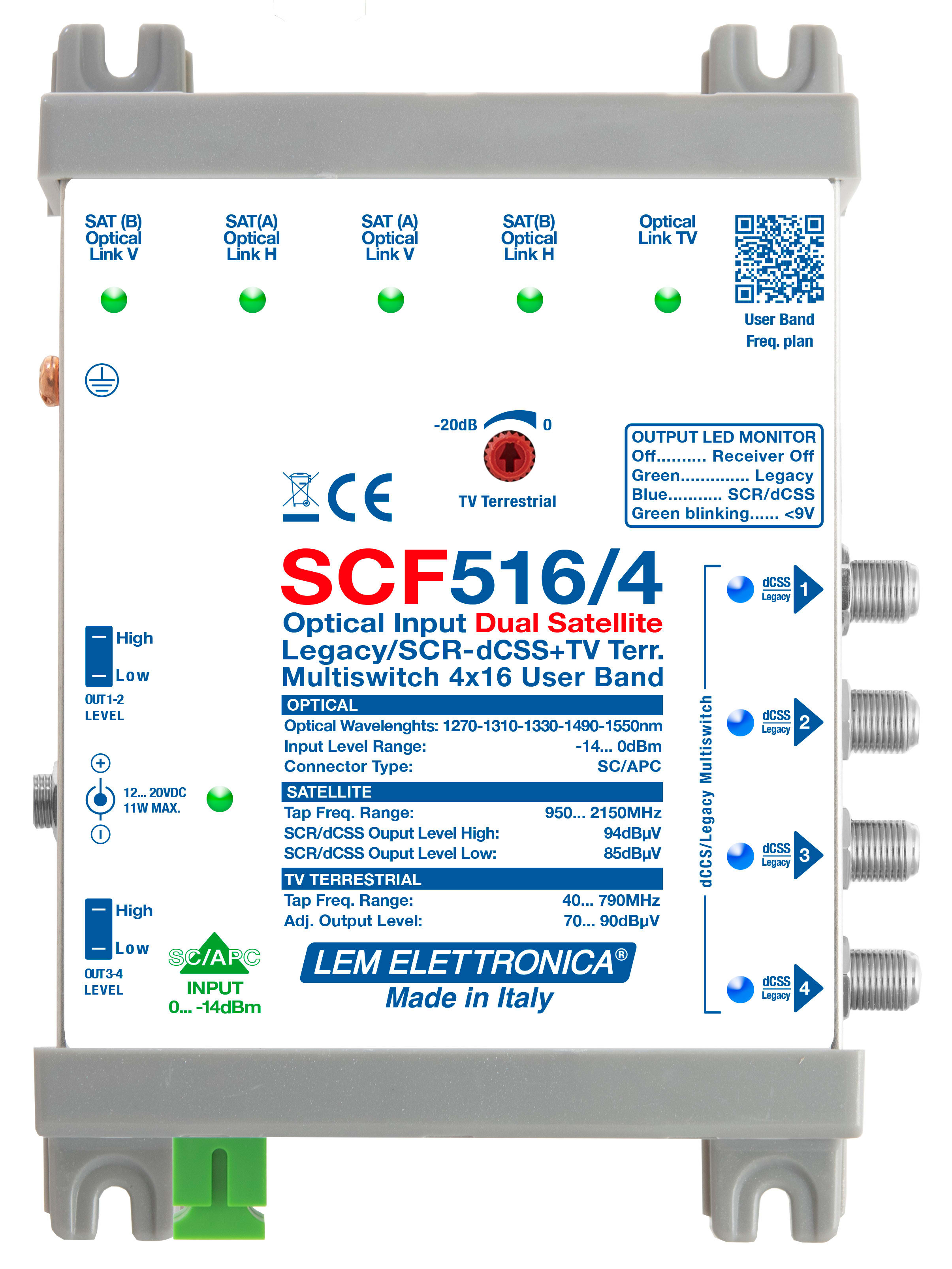 LEM ELETTRONICA - Ricevitore ottico SCF516/4 con 4 uscite dCSS/Legacy e TV terrestre miscelato regolabile, per applicazioni SKY, FM, DAB, UHF, SAT. SCF516/4