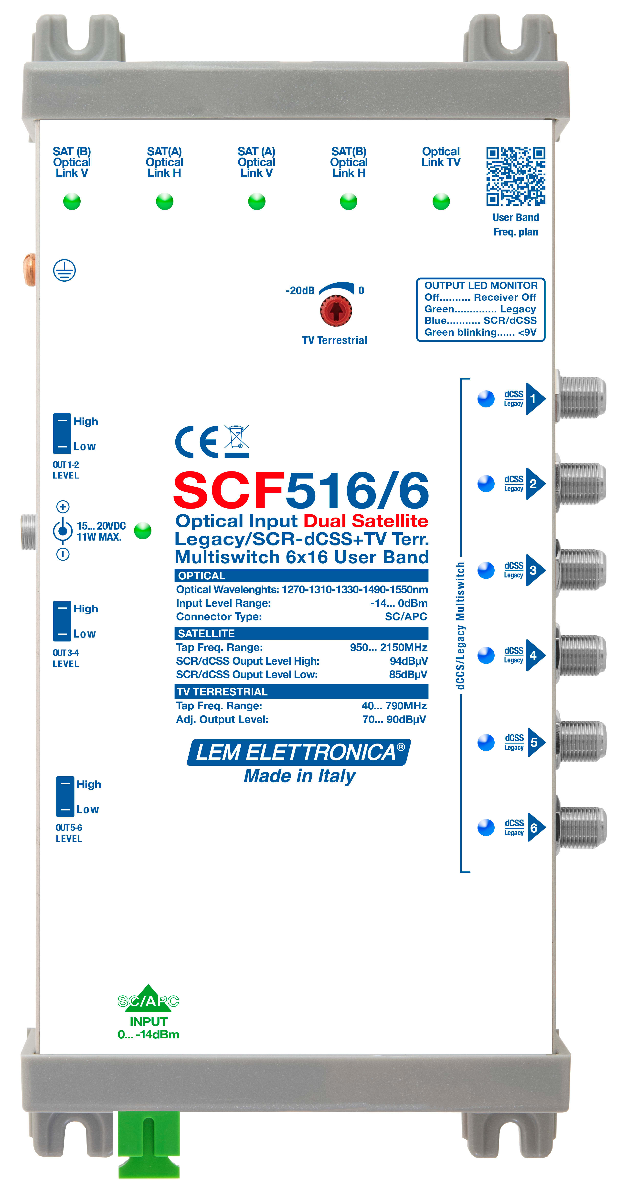 LEM ELETTRONICA - Ricevitore ottico SCF516/6 con 6 uscite dCSS/Legacy e TV terrestre miscelato regolabile, per applicazioni SKY, FM, DAB, UHF, SAT. SCF516/6