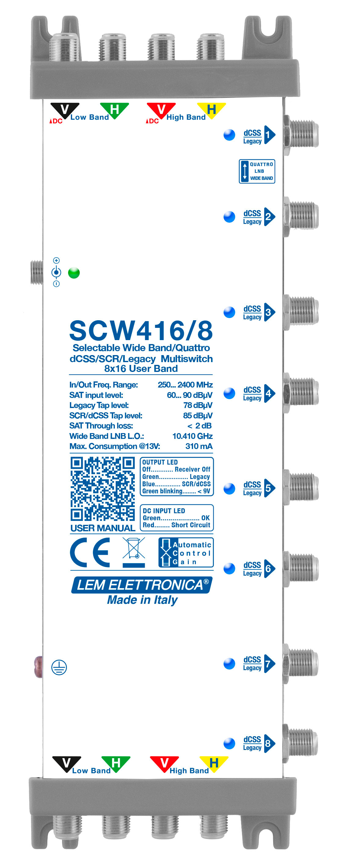 LEM ELETTRONICA - Multiswitch dCSS/Legacy SCW416/8 con 4 ingressi passanti e 8 uscite derivate, per applicazioni SKY, SAT.
