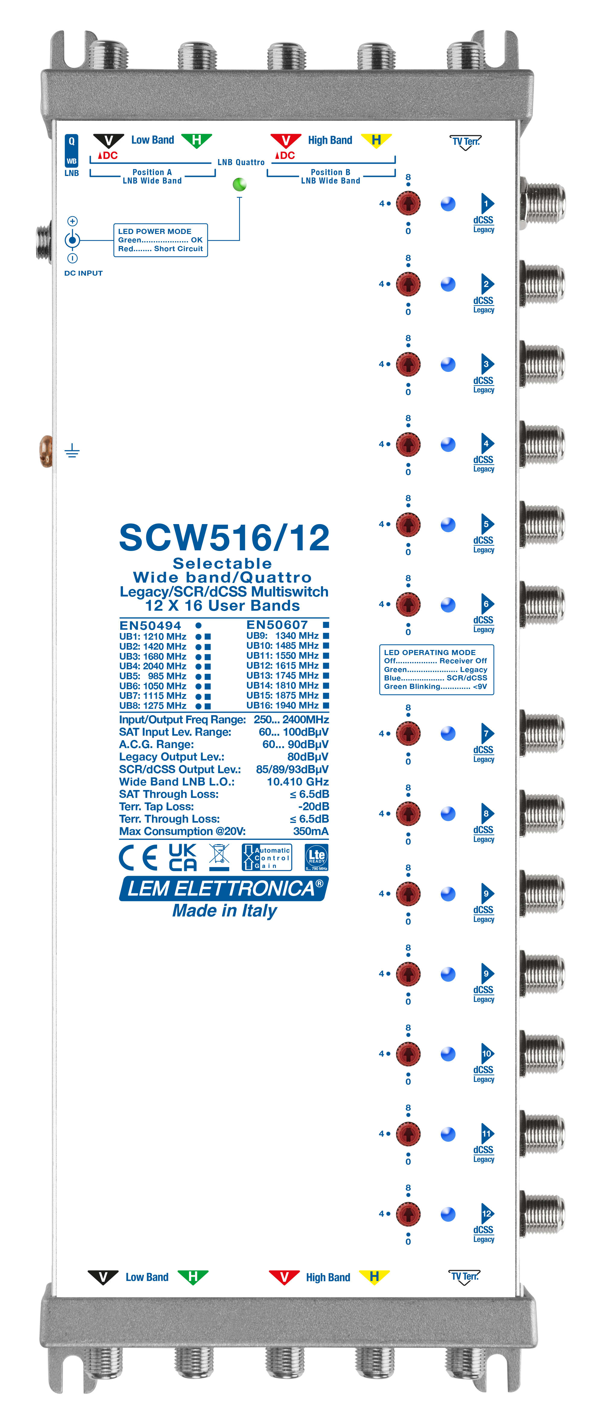 LEM ELETTRONICA - Multiswitch dCSS/Legacy SCW516/12 con 5 ingressi passanti e 12 uscite derivate, Satellite amplificato regolabile, per applicazioni SKY, FM, DAB, UHF, SAT.