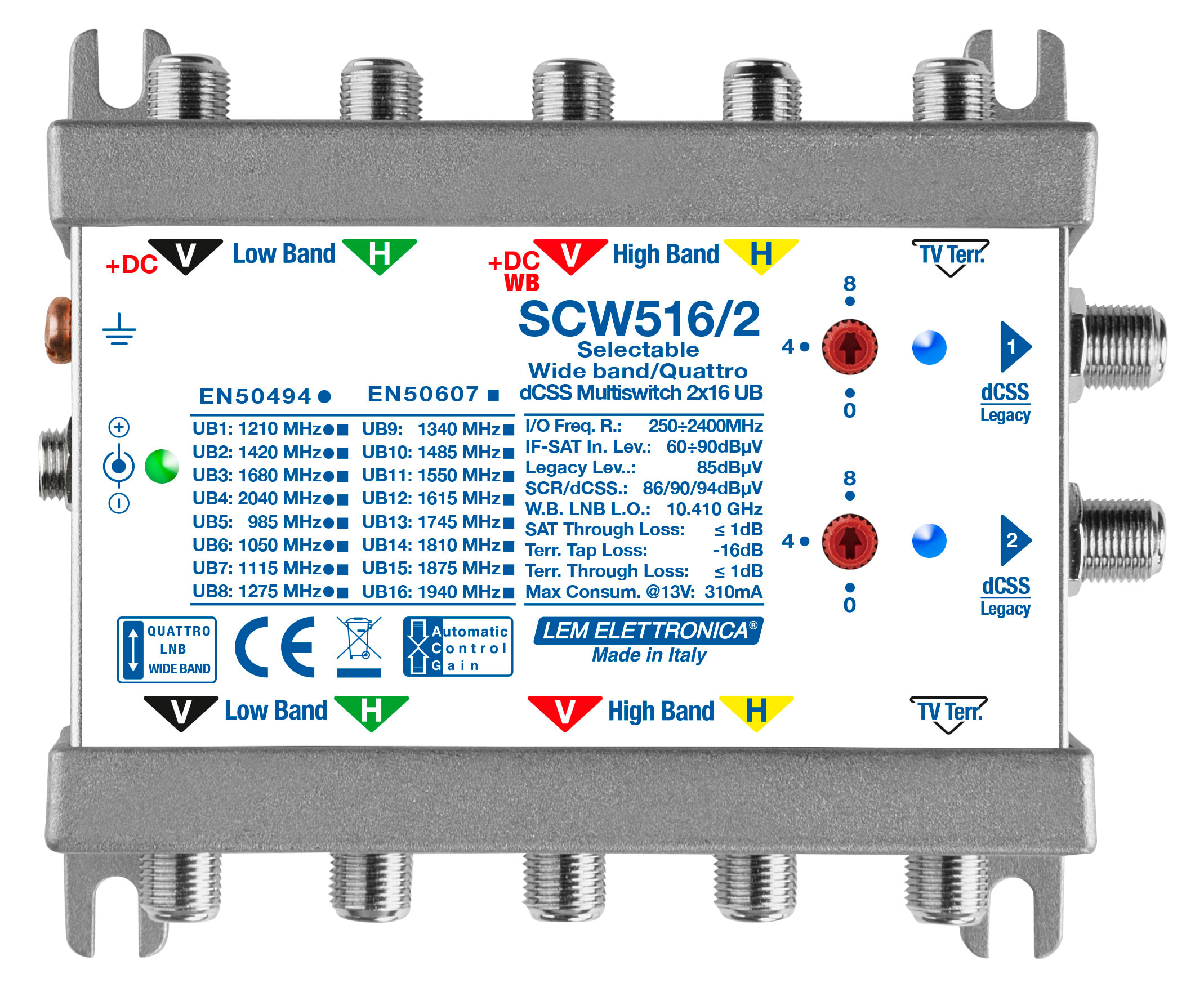 LEM ELETTRONICA - Multiswitch dCSS/Legacy SCW516/2-20 con 5 ingressi passanti e 2 uscite derivate, Satellite amplificato regolabile, attenuazione di -20dB sul Terrestre, per applicazioni SKY, FM, DAB, UHF, SAT. SCW516/2-20